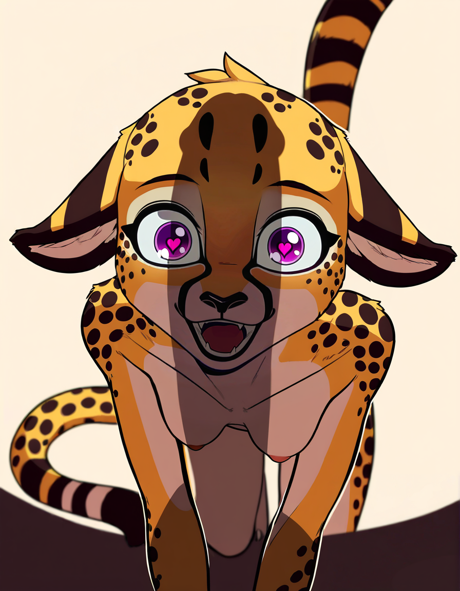 ai_female ai_generated all_fours anthro awe cheetah completely_nude countershading crawling female furry hanging_breasts heart-shaped_pupils lithe looking_at_viewer nipples open open_mouth penis_awe penis_shadow purple_eyes skinny small_breasts solo zorkpics