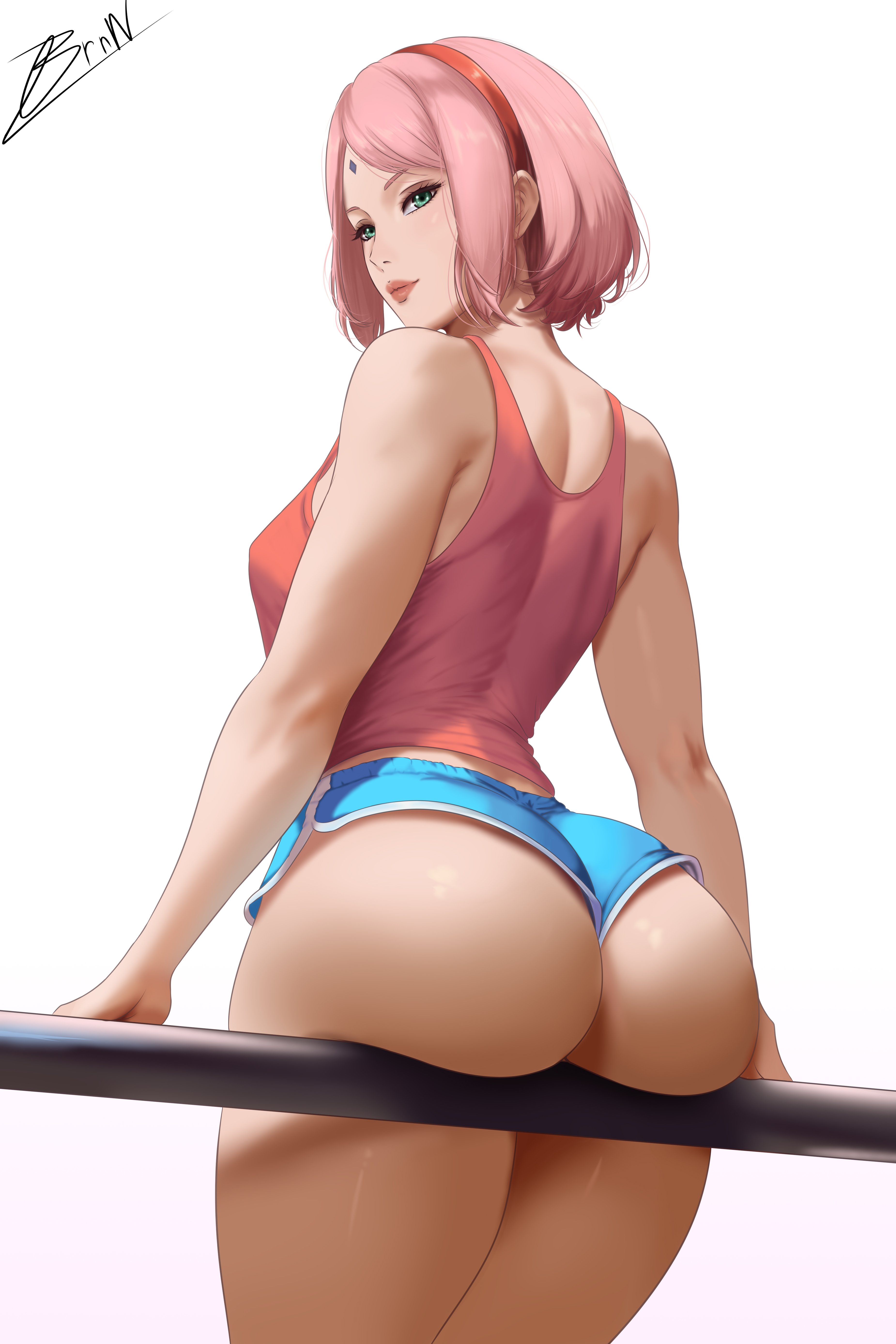 1girls, ass, ass focus, ass support, big ass, boruto: naruto next generations, breasts, brnn, dolphin shorts, female, female focus, female only, green eyes, hairband, large ass, milf, naruto, naruto (series), pink hair, red hairband, sakura haruno, self upload, short hair, shorts