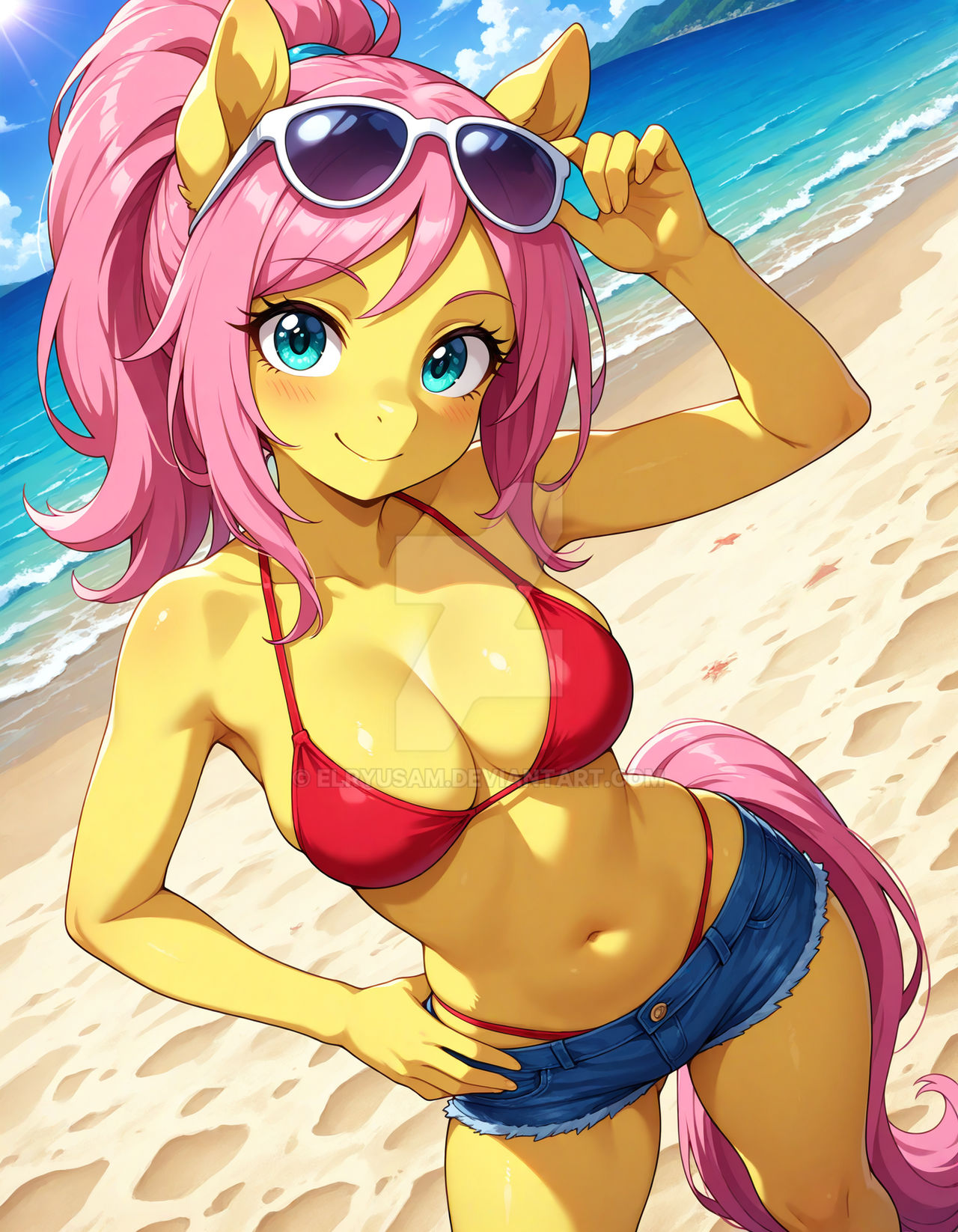 2025, ai generated, beach, belly, bikini under shorts, blue eyes, blue hairband, deviantart, elryusam, female, fluttershy (eg), fluttershy (mlp), hand on glasses, hand on hip, hasbro, holding sunglasses, lauren faust, looking at viewer, meta, mouth closed, my little pony, my little pony equestria girls, not porn, pink-haired female, pony ears, pony girl, pony tail, ponygirl, ponytail, ponytail female, red bikini, red cheeks, smile at viewer, smiling at viewer, sunglasses on head, tummy, white sunglasses, yellow body, yellow skin