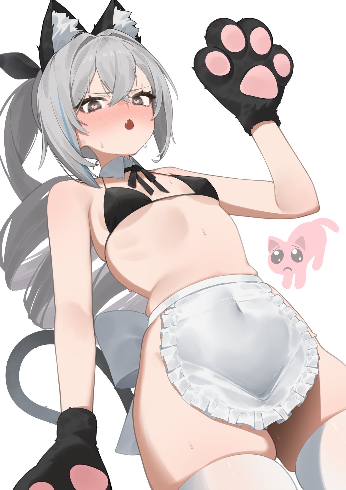 :o bikini_top black_bikini bottomless cat_ears cat_girl cat_paws cat_tail catgirl dutch_angle embarrassed fangs full-face_blush heart-shaped_pupils honkai:_star_rail low-angle_view no_panties one_arm_up paw_gloves pien_cat_(needy_girl_overdose) ribs silver_wolf_(honkai:_star_rail) small_breasts white_apron