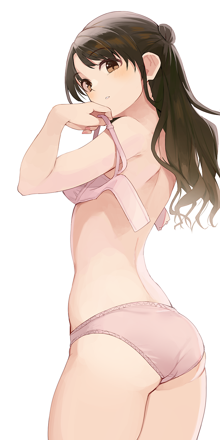 1girls bra brown_eyes brown_hair female fingernails from_behind highres hiroki_(yyqw7151) idolmaster idolmaster_cinderella_girls idolmaster_cinderella_girls_starlight_stage open_bra panties pink_bra pink_panties shimamura_uzuki simple_background solo standing underwear underwear_only undressing unfastened white_background yyqw7151