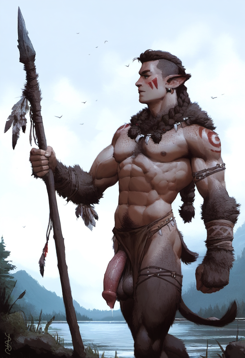 1boy 2025 ai_generated avaru balls braid brown_fur brown_hair canine canine_genitalia canine_penis canis freckles furry genitals hair half_human human humanoid hybrid hybrid_penis loincloth male male/male male_focus male_only mammal mammal_humanoid muscular muscular_male necklace nipples outdoor_nudity outdoors penis primal_wilds sagging_balls spear tagme testicles tribal tribal_jewelry tuft tufted_fur