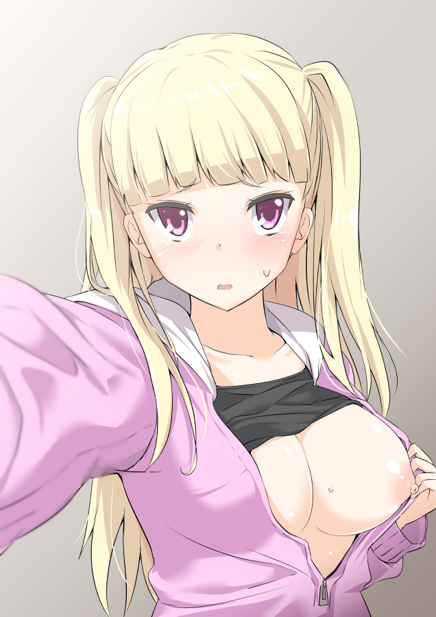 bangs blonde_hair blunt_bangs blush breast_slip collarbone female jacket kichi8 long_hair nipples no_bra one_breast_out open_mouth pointy_chin red_eyes self_shot solo tokyo_7th_sisters two_side_up uesugi_u_kyouko unzipped