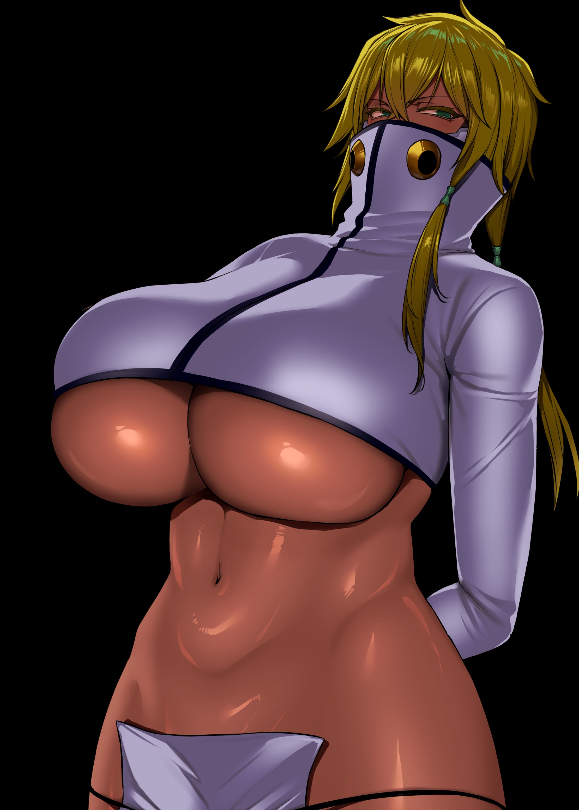 1girls, 2d, 2d (artwork), barely contained, big breasts, bleach, blonde female, blonde hair, blonde-haired female, breasts, dark skin, dark-skinned female, female, female focus, female only, green eyes, large boobs, large breasts, solo, solo female, solo focus, tia harribel, tier harribel, underboob, yesman