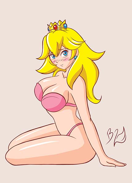 1girls bikini blush boobieboom female female_only human kneeling mario_(series) nintendo princess_peach solo