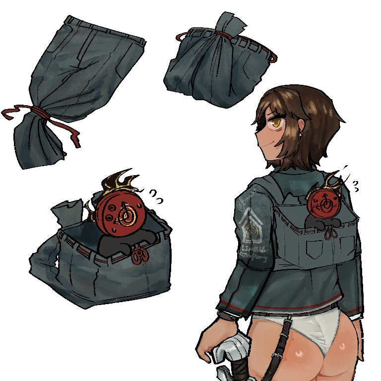 ambiguous gender, ass, boun578, brown hair, dante (limbus company), earrings, funny, limbus company, orange eyes, outis (limbus company), pantsless, project moon, tagme, white background, white panties