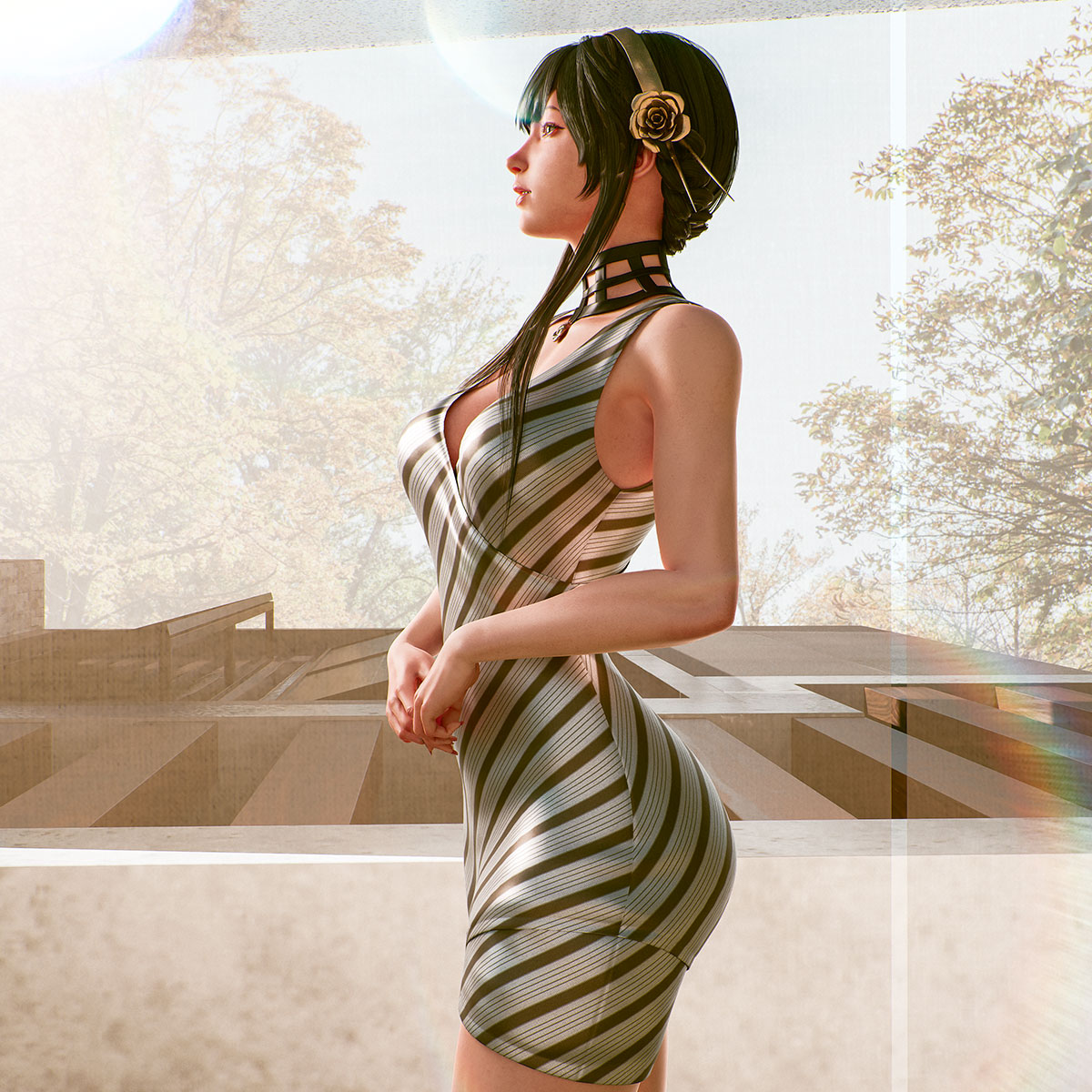3d, assassin, blender, dress, female, female human, gold hairband, grey dress, human, r2 studio, side view, spy x family, tagme, thorn princess, yor briar, yor forger, yor forger (h69 verse)