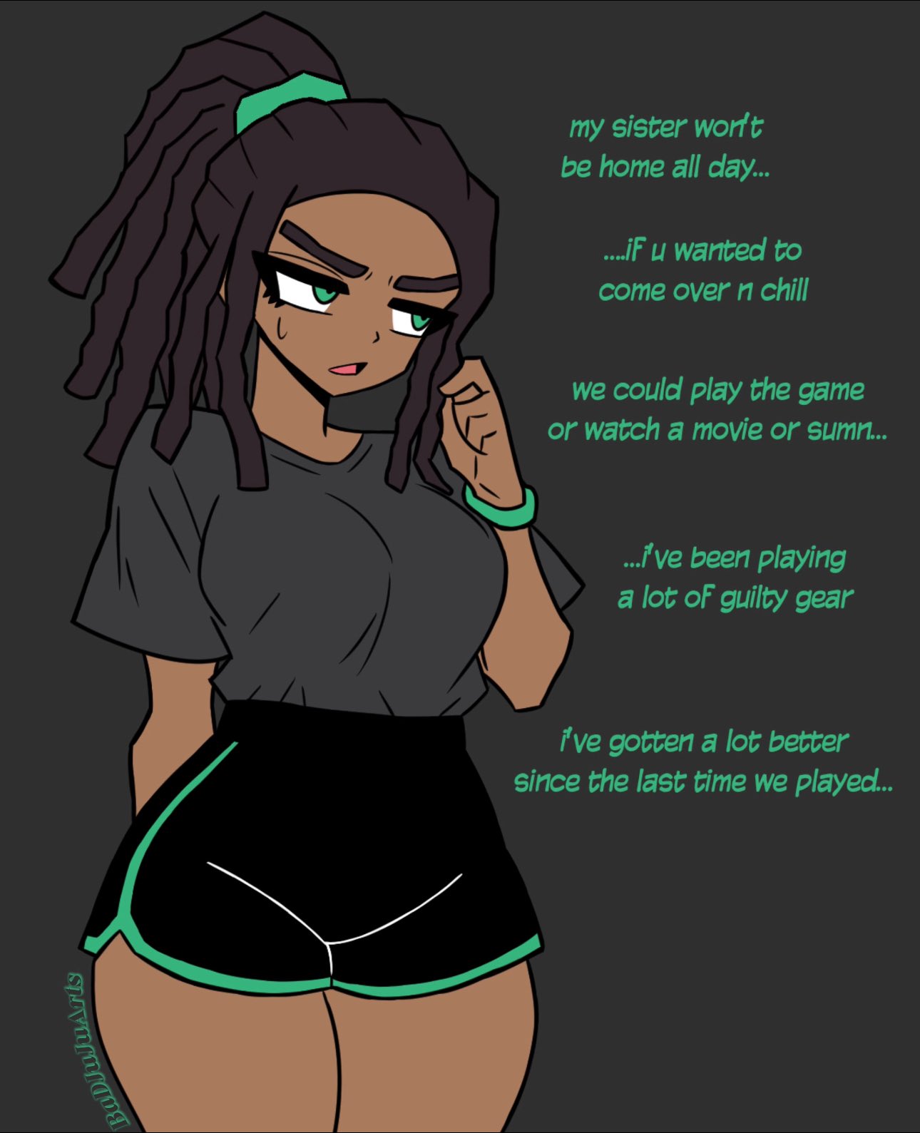 badjujuarts before_sex dark-skinned_female dialogue part_1 rox_(badjujuarts)