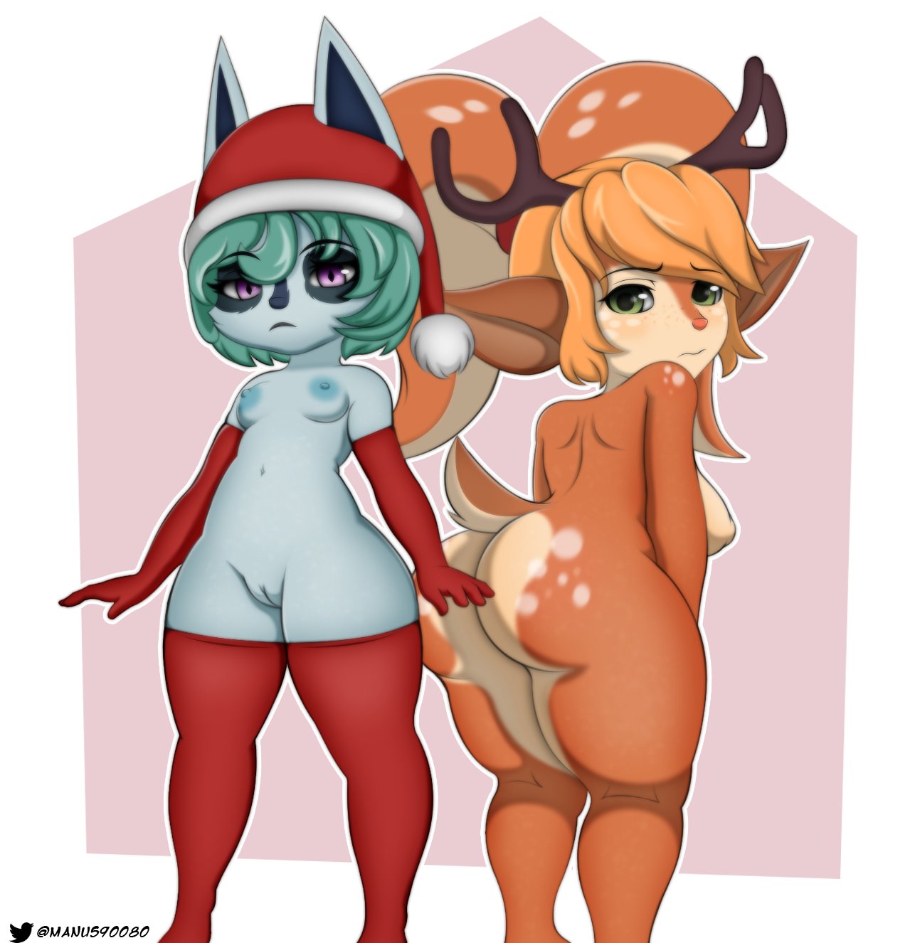 animal_ears ass big_ass big_butt big_ears boobs_out breasts breasts_out christmas christmas_clothing christmas_hat christmas_headwear christmas_outfit female green_eyes green_hair horn league_of_legends long_gloves looking_at_viewer madmanart purple_eyes pussy reindeer reindeer_antlers shortstack stockings thick_thighs thighs tits_out vagina yordle