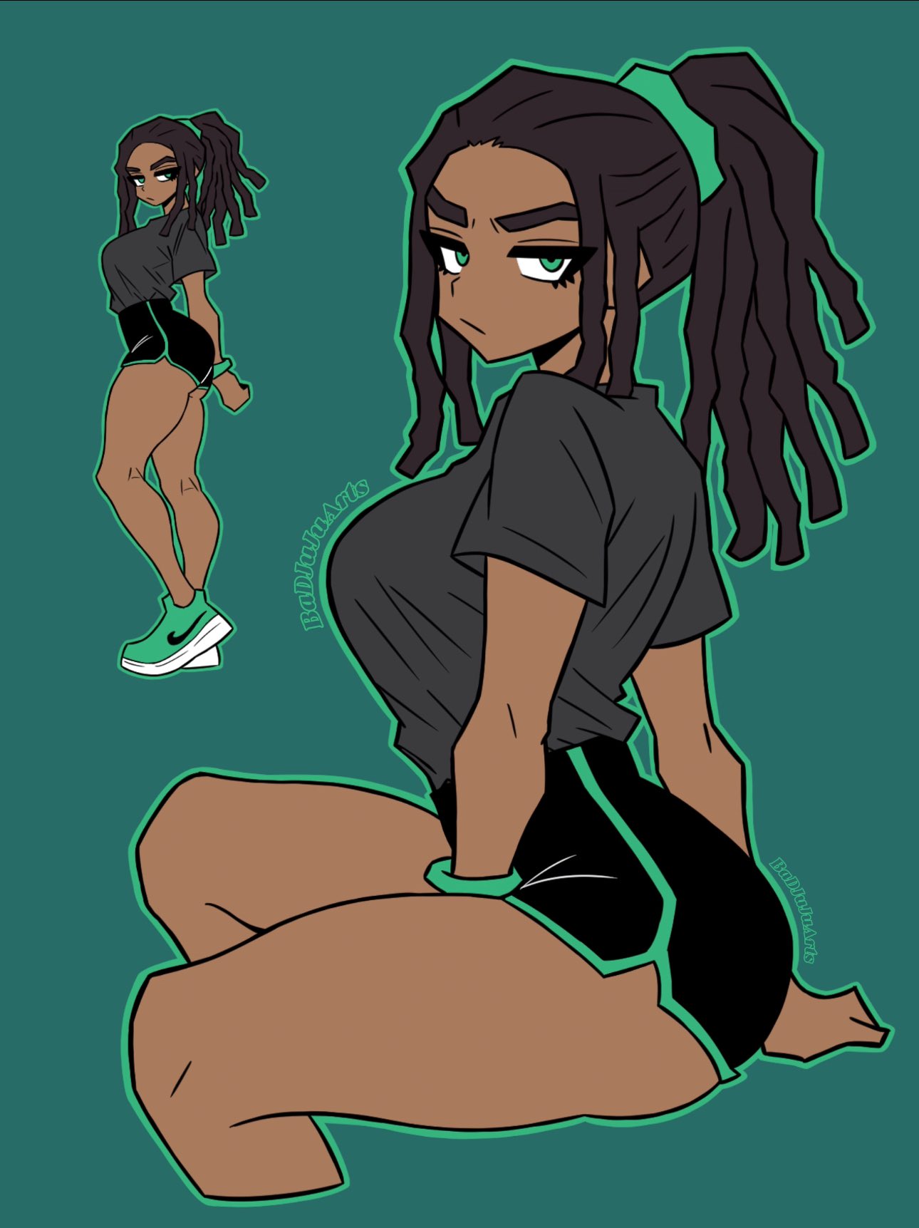 ass, badjujuarts, booty shorts, green eyes, looking at viewer, rox (badjujuarts), tagme