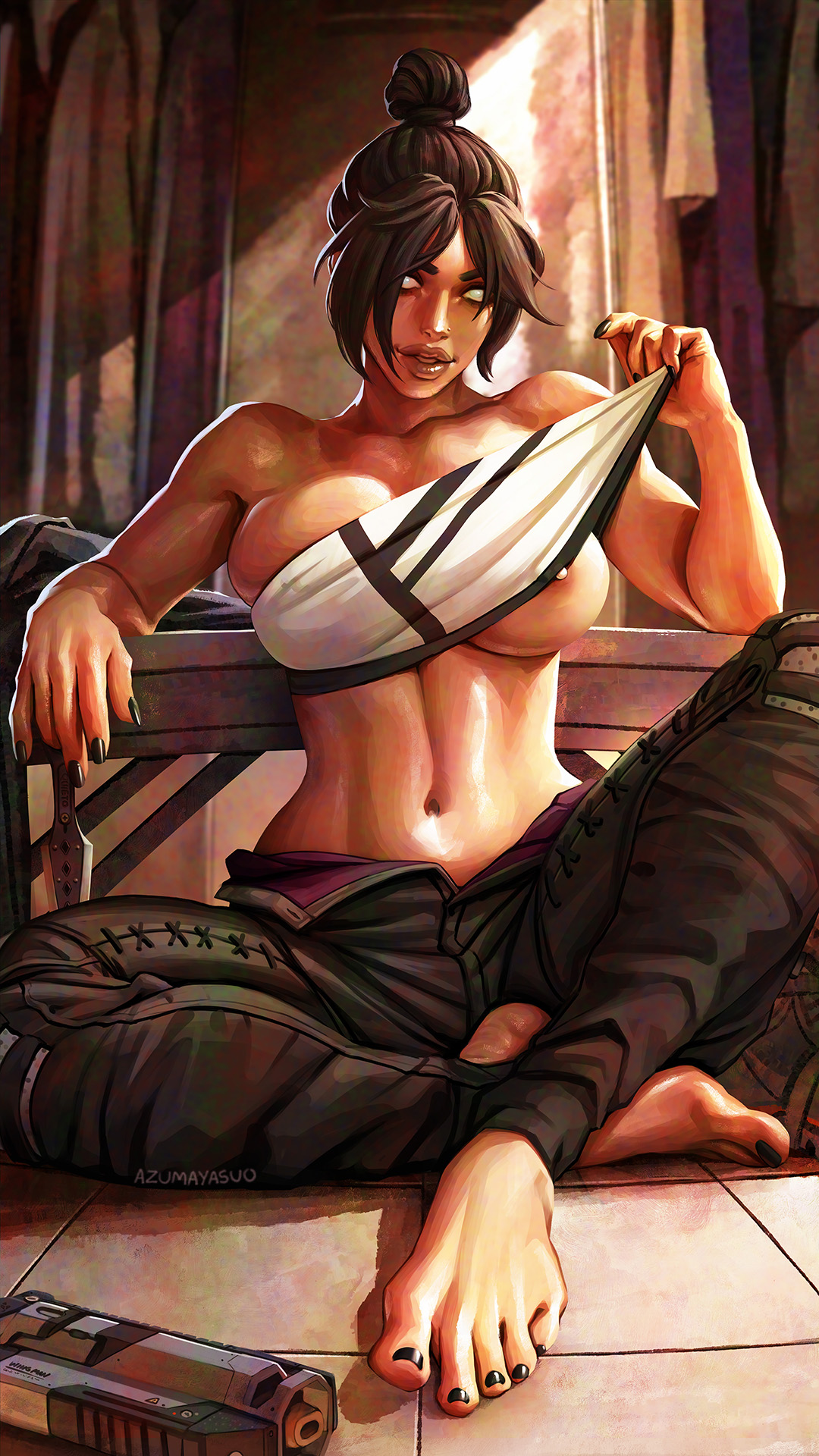 1girls, apex legends, areolae peeking, azuma yasuo, azumaarts, big breasts, black nail polish, breasts, brown hair, brown-haired female, female, female only, indoors, light skin, light-skinned female, looking at viewer, nail polish, pants, pistol, sitting, sitting female, toenail polish, wraith (apex legends)