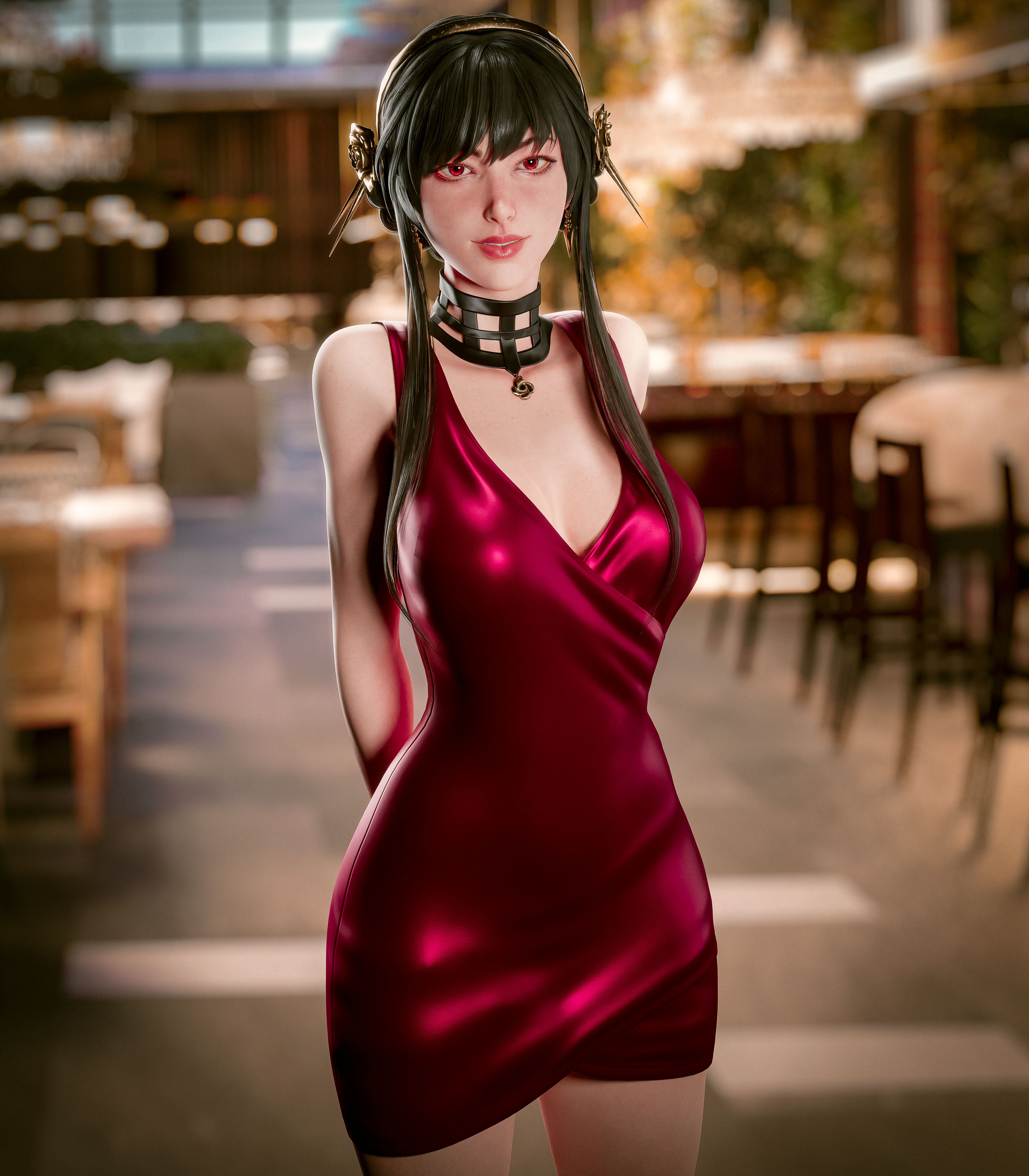 3d, assassin, black hair, blender, female, female human, gold hairband, human, r2 studio, red dress, red lipstick, romantic, smile, spy x family, tagme, thorn princess, yor briar, yor forger, yor forger (h69 verse)