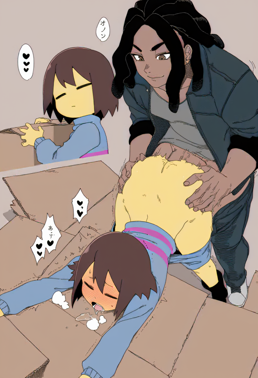 1boy age_difference ai_female ai_generated androgynous ass black_hair blush box brown_eyes brown_hair cardboard_box closed_eyes clothed_sex clothes_pull dark-skinned_male dark_skin doggy_style dreadlocks drooling female frisk frisk_(undertale) heart jacket male novelai open_mouth pants pants_pull saliva sex sex_from_behind short_hair shorts shorts_pull spoken straight sweater undertale undertale_(series)