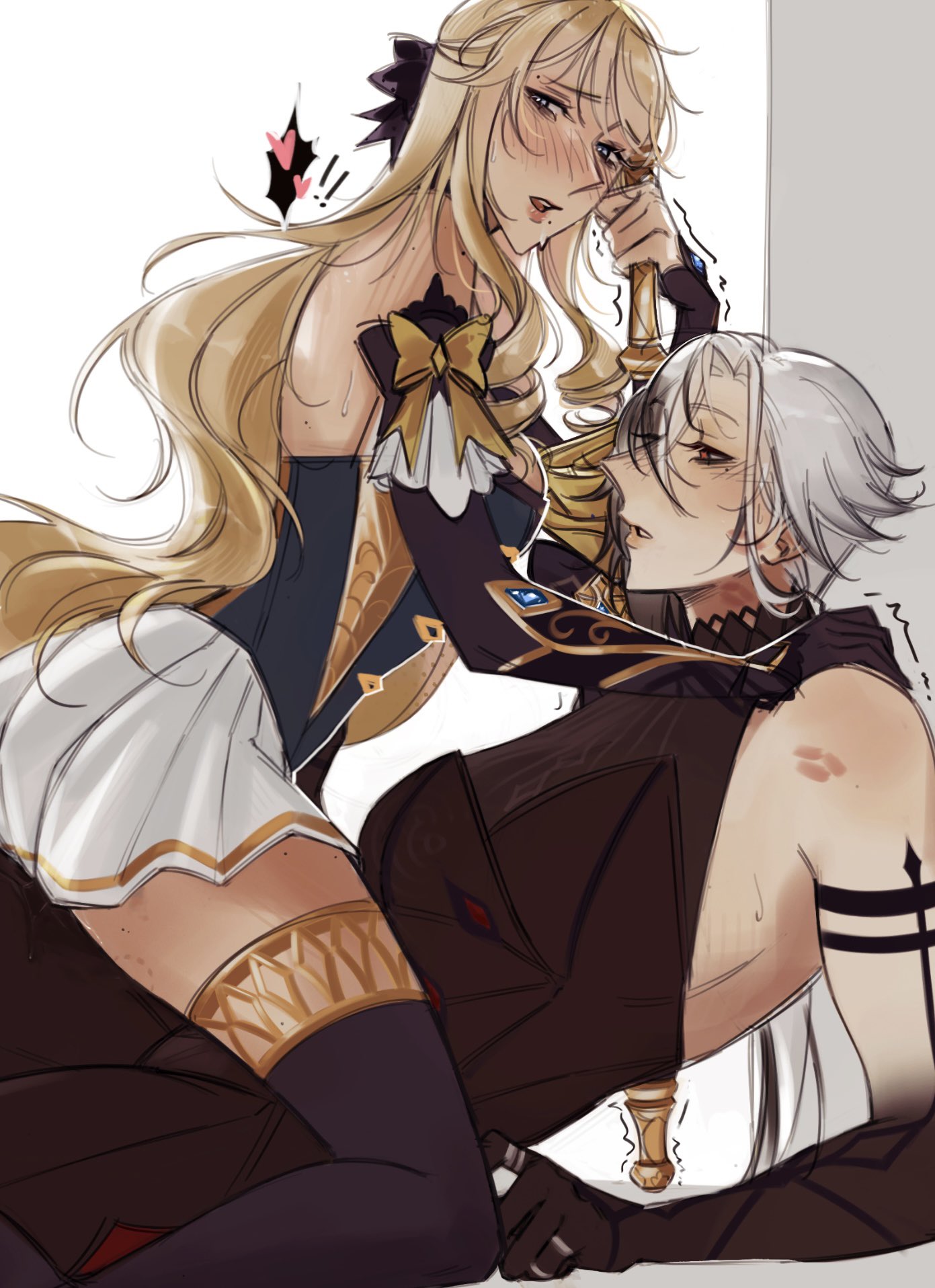 2girls, arlecchino (genshin impact), babylo669, blonde hair, genshin impact, navia (genshin impact), silver hair, yuri