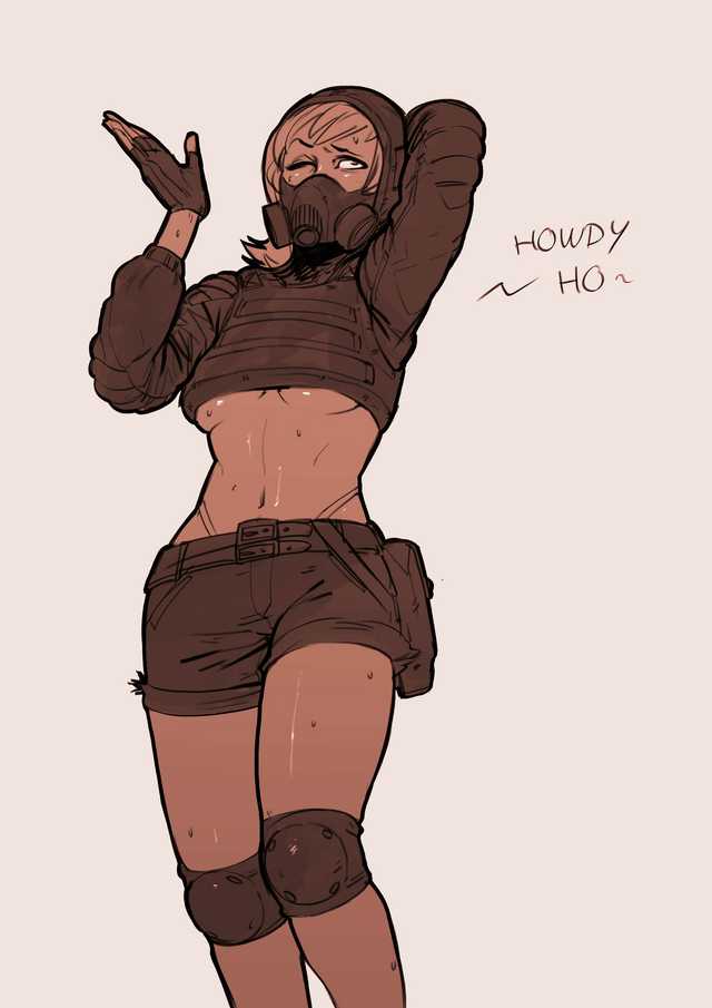 1girls, 2d, breasts, dialogue, english text, female, female only, gas mask, gloves, hourglass figure, loner (s.t.a.l.k.e.r.), one eye closed, pin up, posing, s.t.a.l.k.e.r., s.t.a.l.k.e.r. (character), s.t.a.l.k.e.r. 2: heart of chornobyl, soldier, solo, solo female, sweatdrop, text, underboob