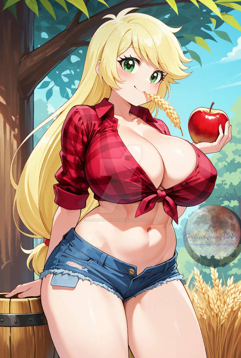 ai_generated apple applejack_(mlp) blonde_hair deviantart equestria_girls flannel gothmommy69 large_breasts my_little_pony short_jeans watermark