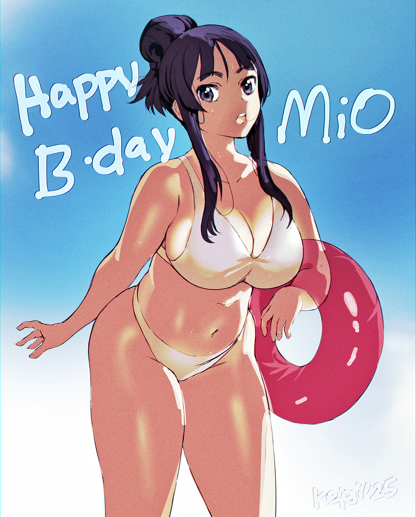 1girls, bikini, blue sky, breasts, cleavage, day, female, hair bun, happy birthday, innertube, k-on!, keigi (artist), large breasts, mio akiyama (k-on!), plump, purple eyes, purple hair, sidelocks, single hair bun, solo, standing, summer, swimsuit, thick thighs, updo, white bikini, writing