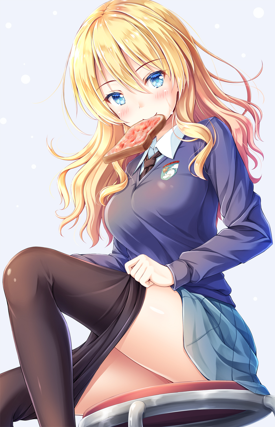 1girls akashio_(loli_ace) alternate_hairstyle black_necktie black_pantyhose blonde_hair blue_background blue_eyes blue_skirt blue_sweater blush bread bread_slice breasts chair clothes_pull collared_shirt commentary darjeeling dressing emblem food food_in_mouth girls_und_panzer hair_between_eyes hair_down highres legs long_hair looking_at_viewer medium_breasts messy_hair mouth_hold necktie pantyhose pantyhose_pull pleated_skirt school_uniform shirt simple_background sitting skirt solo st._gloriana's_(emblem) st._gloriana's_school_uniform stool sweater swept_bangs thighs toast toast_in_mouth v-neck white_shirt