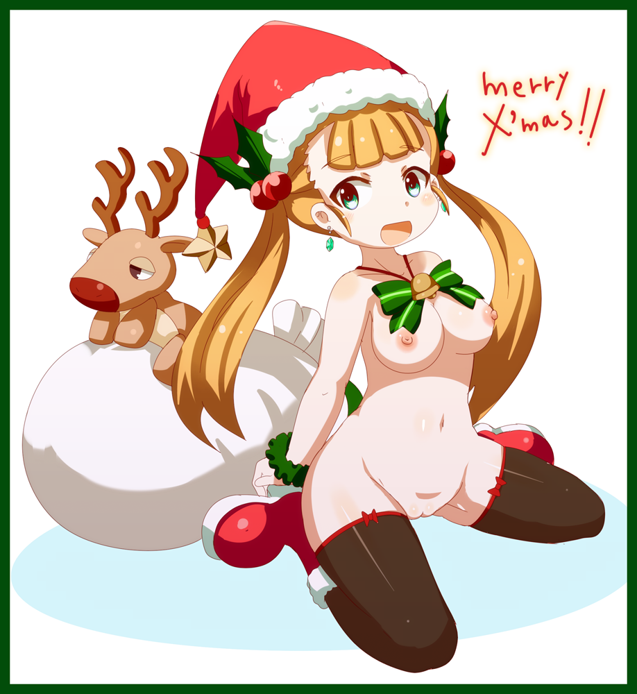 amagasane arms_behind_back bell black_legwear blonde_hair blush boots border breasts christmas earrings female green_eyes hair_bobbles hair_ornament hat jewelry jingle_bell long_hair merry_christmas navel nipples nude open_mouth original pussy reindeer ribbon sack santa_boots santa_hat sitting smile solo star stuffed_animal stuffed_toy thighhighs tied_hair twintails uncensored wariza wrist_cuffs