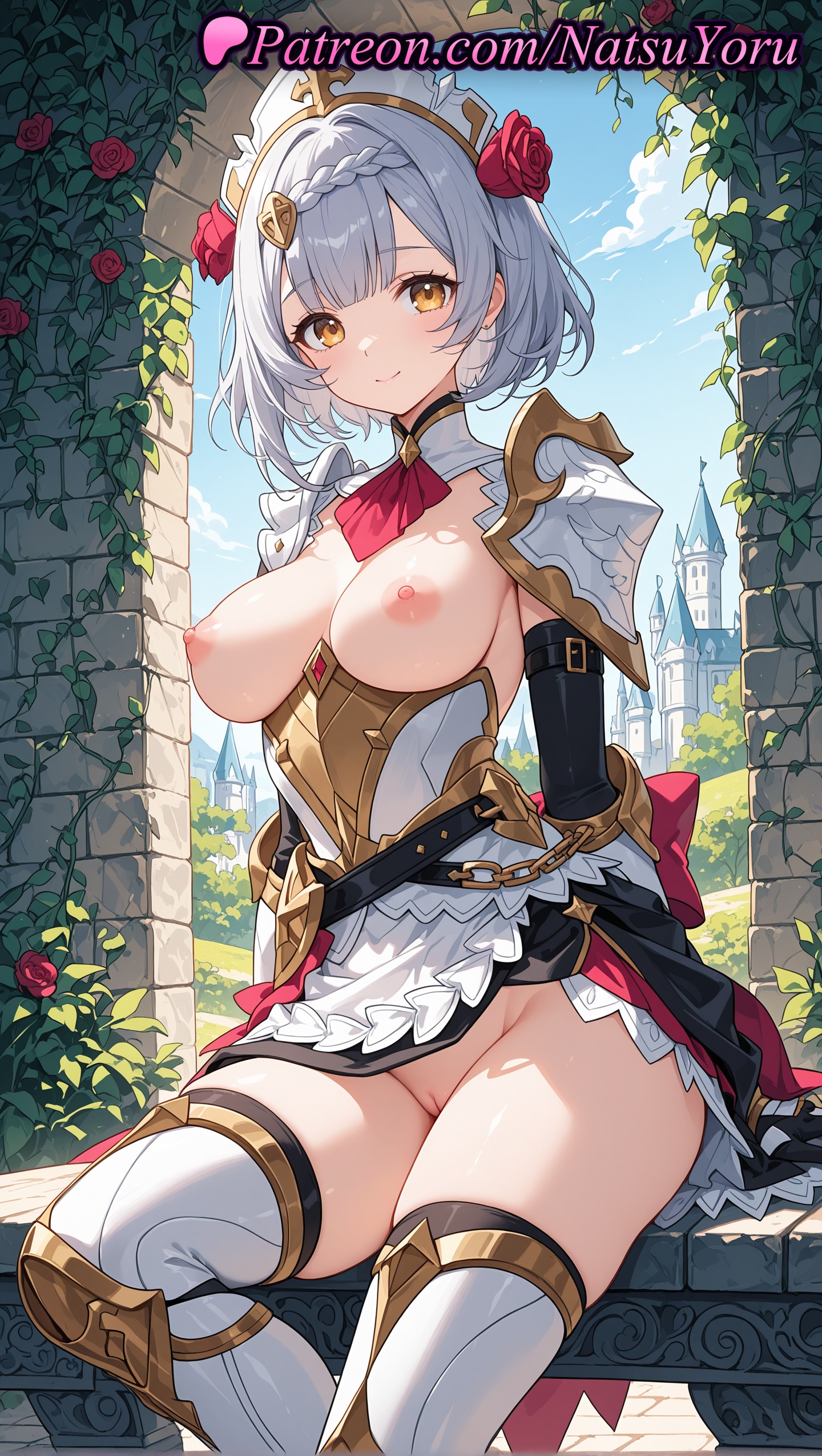 1girls, 2025, ai generated, anime, anime style, armor, ascot, bangs, braid, breasts, breasts out, closed mouth, female, female only, flower, genshin impact, grey hair, hair flower, hair ornament, hi res, high quality, high resolution, highres, hoyoverse, looking at viewer, maid headdress, mihoyo, mihoyo technology (shanghai) co. ltd., natsuyoru, nipples, no panties, noelle (genshin impact), outdoors, patreon, pussy, red ascot, red flower, red rose, rose, short hair, shoulder armor, sitting, smile, solo, stable diffusion, thighhighs, thighs, uncensored, vagina, voluptuous, voluptuous female