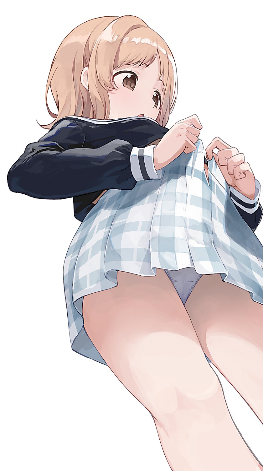 1girls, black shirt, blue skirt, blush, breasts, brown eyes, brown hair, dressing, female, female only, from below, highres, hiroki yyqw7151, idolmaster, idolmaster shiny colors, large breasts, long sleeves, looking at another, open mouth, open skirt, panties, pantyshot, plaid clothes, plaid skirt, pleated skirt, sakuragi mano, school uniform, shirt, simple background, skirt, solo, underwear, upskirt, white background, white panties