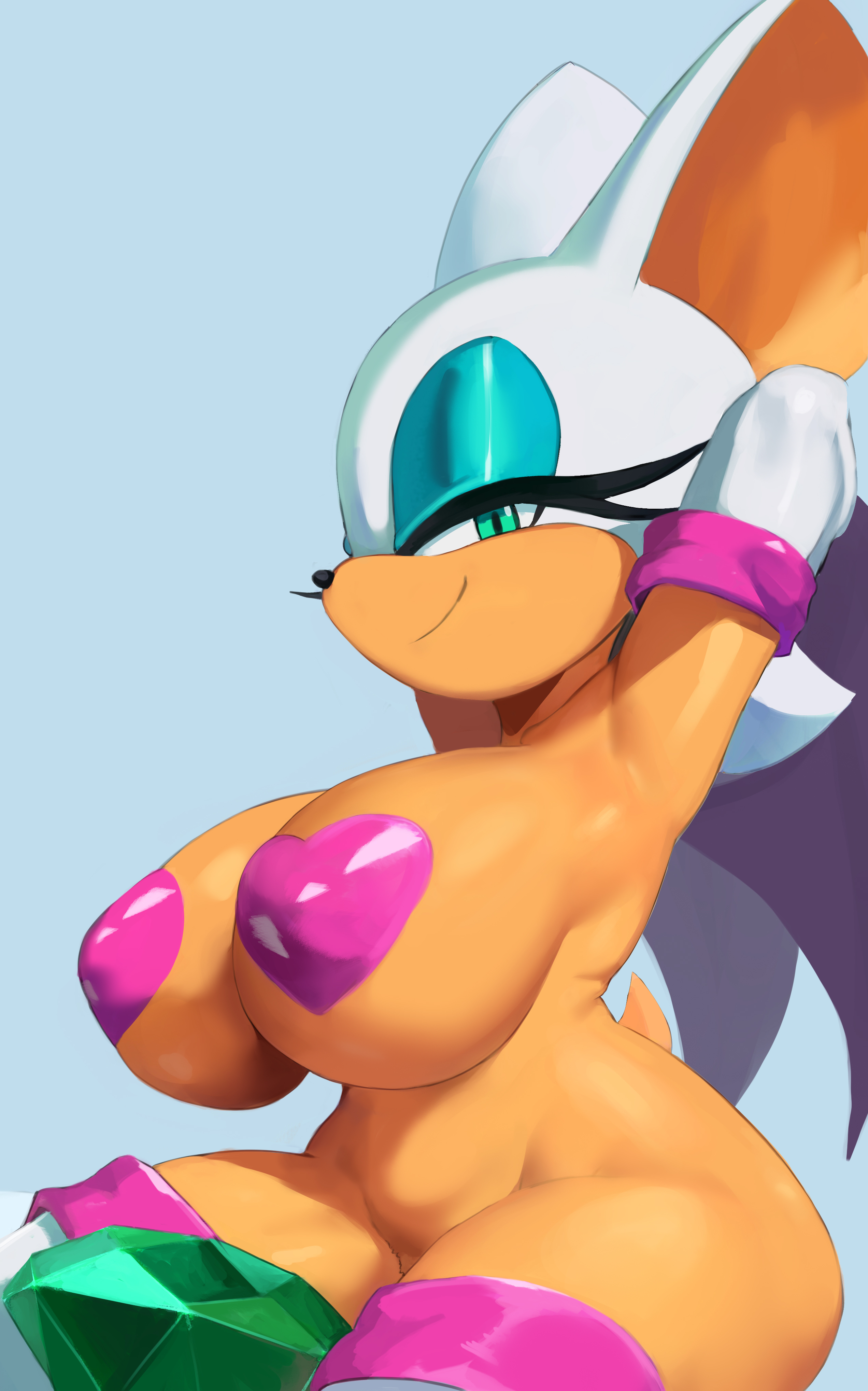 2d, alternate version available, armpits, arms behind head, bedroom eyes, big breasts, breasts, chaos emerald, colored, cranihum, elbow gloves, female, functionally nude, looking at viewer, mobian, mobian (species), mobian bat, pasties, rouge the bat, sega, smirk, sonic (series), sonic adventure 2, sonic the hedgehog (series), tail, thighhigh boots, wide hips, wings