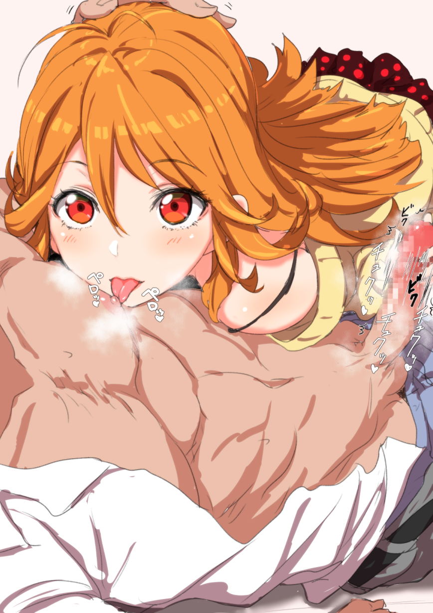 :p ahoge antenna_hair blush breasts censored clearite female hand_on_head handjob highres licking licking_male_nipple long_hair looking_at_viewer male_nipple_licking nipple_licking nipples open_clothes open_mouth open_shirt orange_hair penis red_eyes solo_focus straight tokyo_7th_sisters tongue tongue_out usuta_sumire