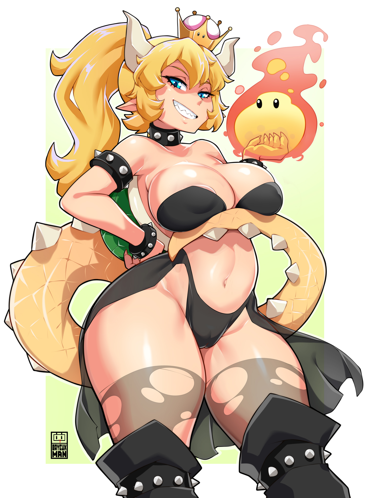 1girls, bayeuxman, blonde hair, blue eyes, bowsette, breasts, female, female only, horns, large breasts, mario (series), new super mario bros. u deluxe, nintendo, podoboo, rule 63, sharp teeth, solo, super crown, super mario bros., tail