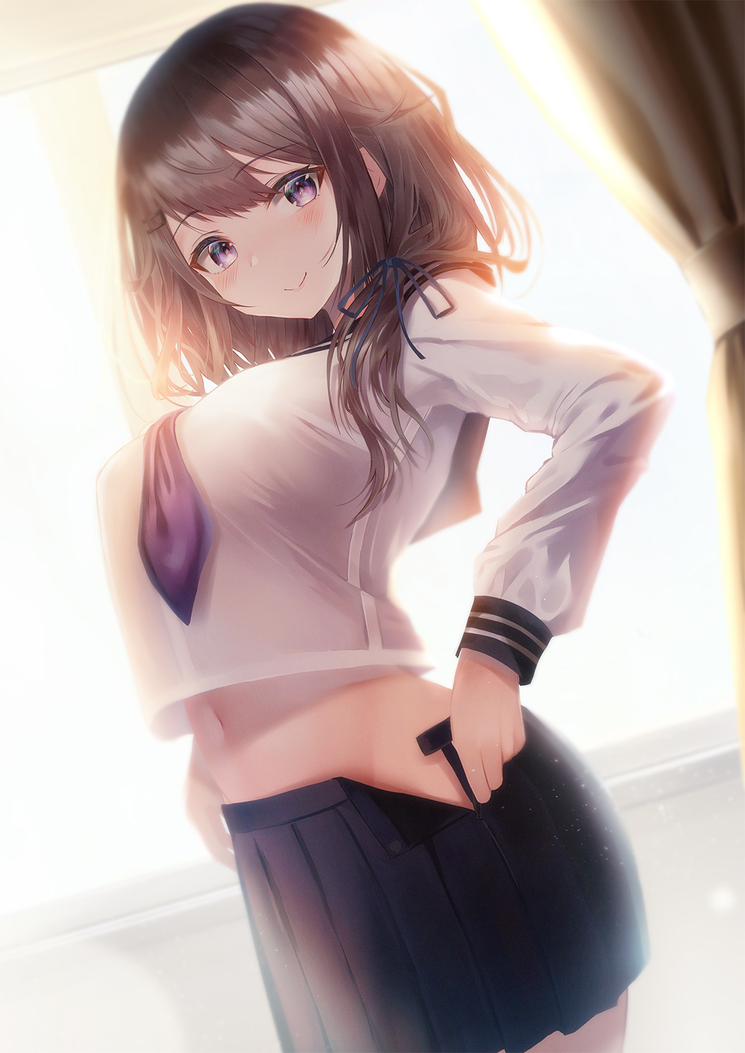 1girls backlighting bad_id bad_pixiv_id black_skirt blush breasts brown_hair closed_mouth commentary_request cowboy_shot crop_top crop_top_overhang curtains dressing dutch_angle hair_over_shoulder hair_ribbon highres ichigo-chan_(yk) indoors large_breasts long_hair long_sleeves looking_at_viewer midriff miniskirt navel neckerchief open_clothes open_skirt original photoshop_(medium) pleated_skirt purple_eyes purple_neckerchief revision ribbon school_uniform serafuku shirt sidelocks skirt smile solo standing white_shirt window yk_(pixiv43531291)