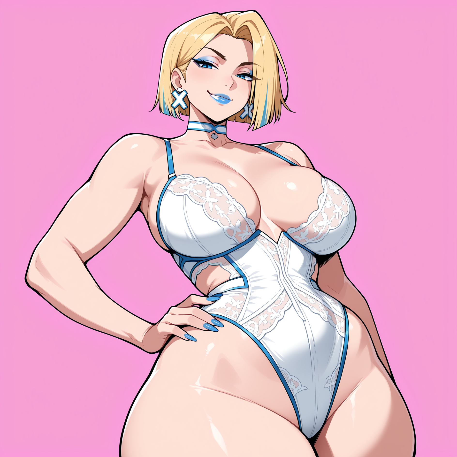 1girls, 2d, ai generated, big breasts, blonde female, blonde hair, blue eyes, blue eyeshadow, blue lipstick, blue nails, bob cut, bra, breasts, choker, closed mouth, closed mouth smile, clothed, earrings, emma frost, emma frost (marvel rivals), eyelashes, eyeshadow, female, female focus, hair behind ear, half-closed eyes, hand on hip, high heels, hips, kalanhrae, leotard, light skin, light-skinned female, lingerie only, long nails, looking at viewer, marvel, marvel comics, marvel rivals, mature, mature female, medium hair, milf, pale skin, pale-skinned female, seductive, seductive eyes, seductive look, sex, shiny skin, smile, smiling, smiling at viewer, solid color background, solo, thick thighs, voluptuous, voluptuous female, white queen, wide hips