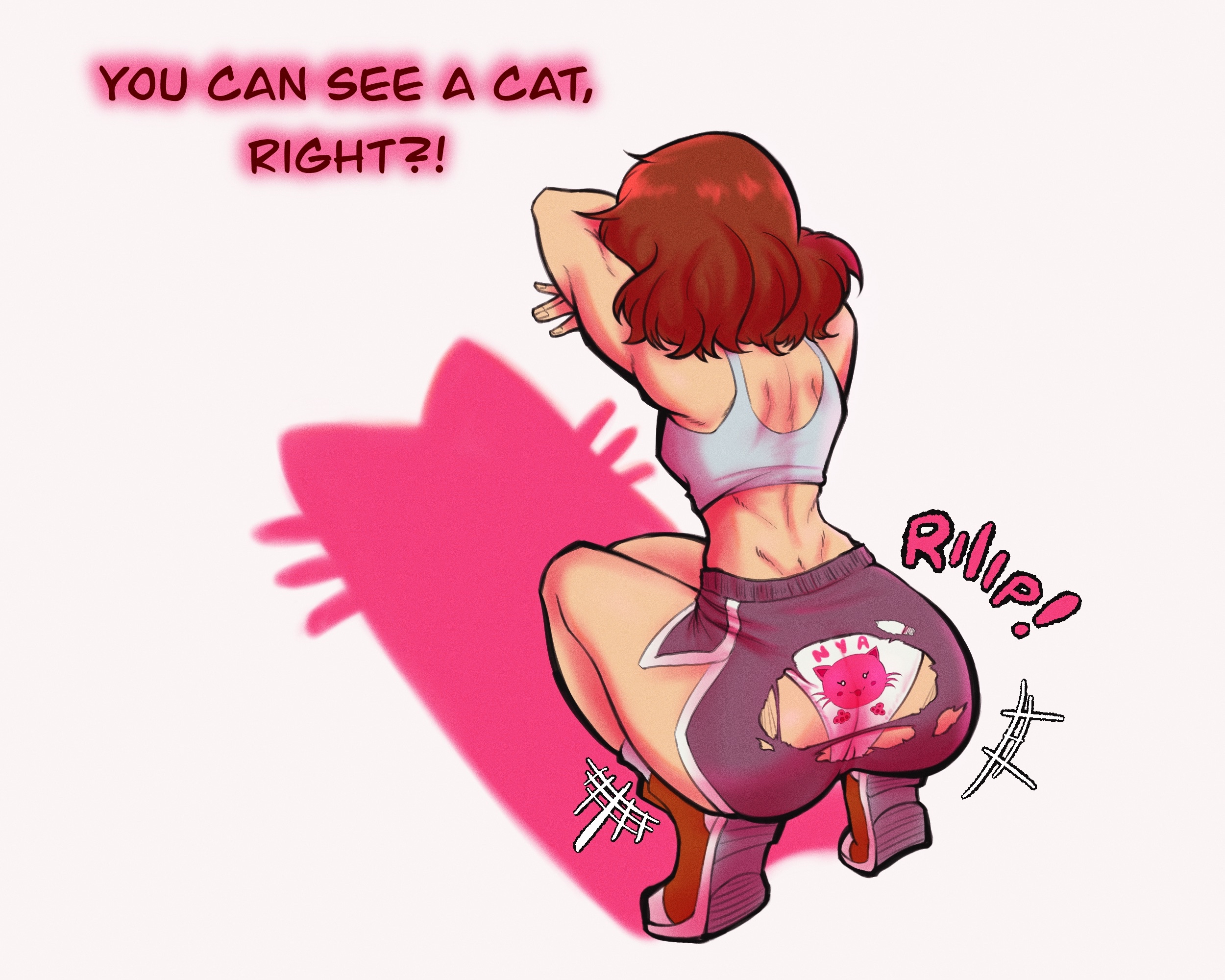 brown hair, cat panties, cat shadow puppet (meme), childish panties, dolphin shorts, female, panties, panties visible through clothing, print panties, ripped pants, ripped shorts, ripping sound effect, rnp, ryoko (rnp), tomboy, torn clothes, torn open bottoms, torn pants, wardrobe malfunction