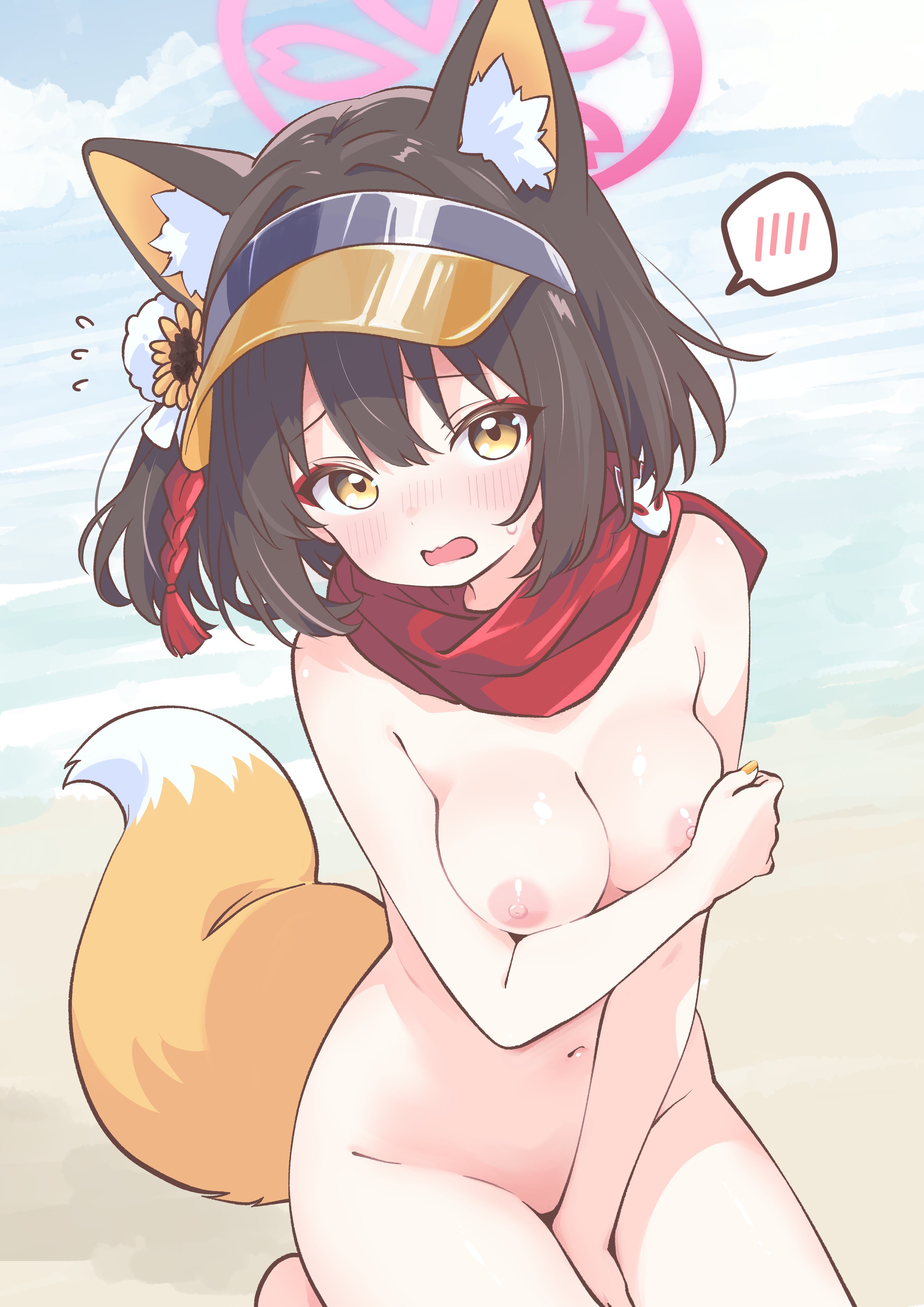 ///, 1girls, animal ear fluff, animal ears, beach, blue archive, blush, breasts, brown hair, cloud, clouds, covered nipples, covering breasts, covering crotch, embarrassed, eyeshadow, female, female focus, fingers, flustered, fox ears, fox girl, fox hair ornament, fox tail, hair, hair ornament, halo, hat, holding breast, holding breasts, holding own breast, izuna (blue archive), izuna (swimsuit) (blue archive), mo mo mo79, nail polish, naked, naked female, nipples, nude, nude female, nudity, open mouth, outdoor nudity, outside, painted nails, pom pom hair ornament, red scarf, scarf, sky, small breasts, solo, solo female, tail, water, yellow eyes