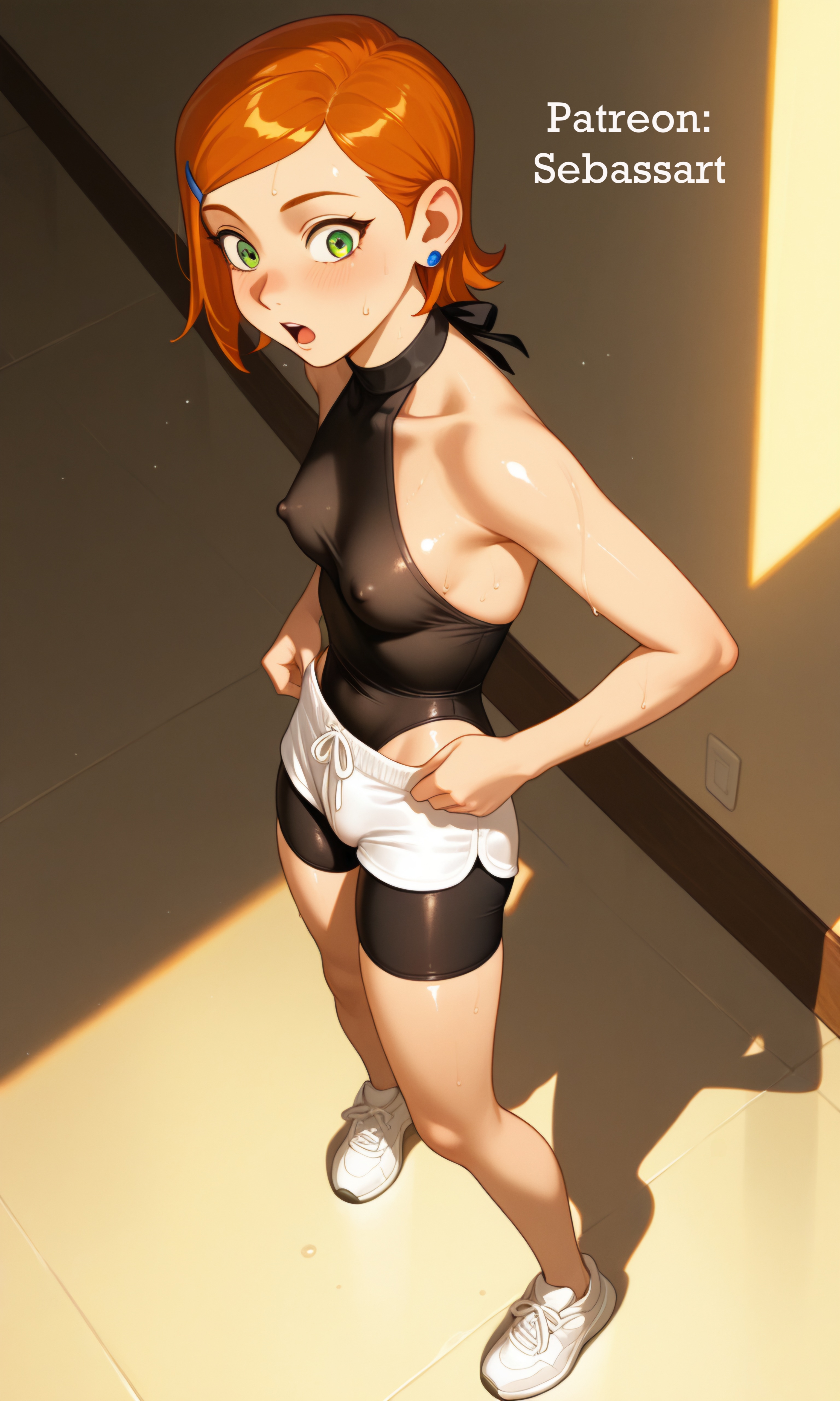 aged up, ai generated, ben 10, bodysuit, green eyes, gwen tennyson, leotard, looking at viewer, mature female, paid reward available, patreon, petite, petite body, petite female, sebassart, sexy, short hair, shorts, solo, spandex, sweat, thick thighs, tight clothing, tight fit