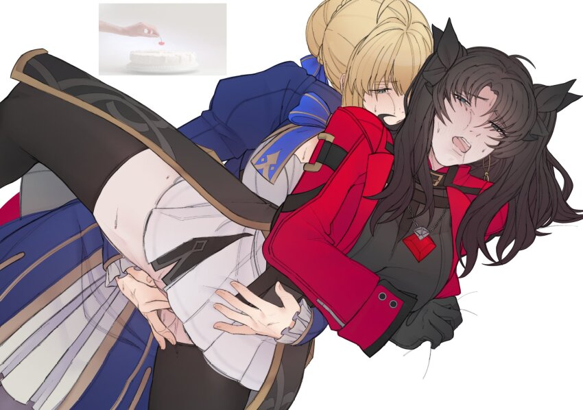 2girls, absurdres, ahoge, artoria pendragon (fate), big breasts, black gloves, black hair, black shirt, black thighhighs, blackrunel, blonde hair, blue bow, blue bowtie, blue dress, blue eyes, blush, blushing, bow, bowtie, breasts, cleavage, closed mouth, clothed, clothed sex, clothing, collar, commentary, cum, cumming, dominant female, dress, earrings, enjoying, enjoying sex, female, female focus, female only, fingering, fingering from behind, fingers in pussy, gem, gloves, green eyes, hair bun, hair ornament, happy, highres, honkai (series), honkai: star rail, hoop earrings, hug, hug from behind, huge breasts, jacket, jewelry, king, knight, long hair, long sleeves, looking at viewer, medium hair, mouth open, multiple girls, necklace, open mouth, pleasure face, puffy sleeves, pussy juice, red gem, red jacket, ribbon, rin tohsaka, saber (fate), saber (honkai: star rail) (fate), saliva, shirt, short hair, skirt, submissive female, sweat, teeth, thick thighs, thighhighs, thighs, tohsaka rin (honkai: star rail), twintails, upper teeth only, white skirt, yuri