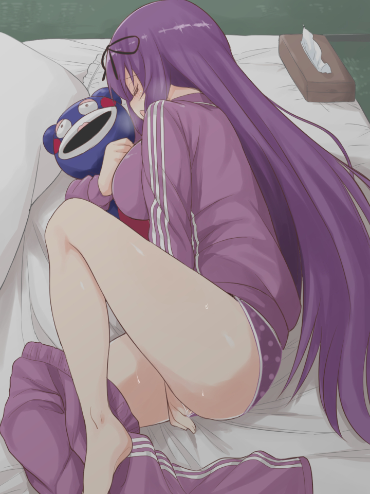 1girls doll female long_hair masturbation migchip murasaki_(senran_kagura) on_side panties polka_dot_panties purple_hair ribbon senran_kagura senran_kagura_(series) senran_kagura_shinovi_versus solo sweatpants tissues