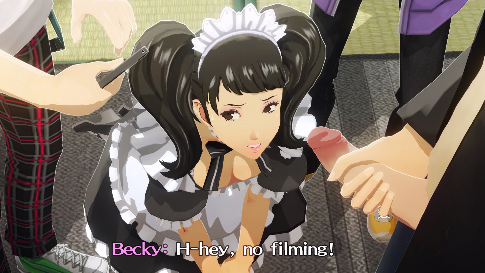1girls, 3boys, becky (persona), black hair, black hair female, brown eyes, clothed female, dialogue, downblouse, dubious consent, frills, holding penis, imminent sex, kneeling, light skin, light-skinned female, light-skinned male, maid, maid headdress, maid outfit, maid uniform, penis, persona, persona 5, phone, recording, sadayo kawakami, sweat, text, twintails, uriziel38