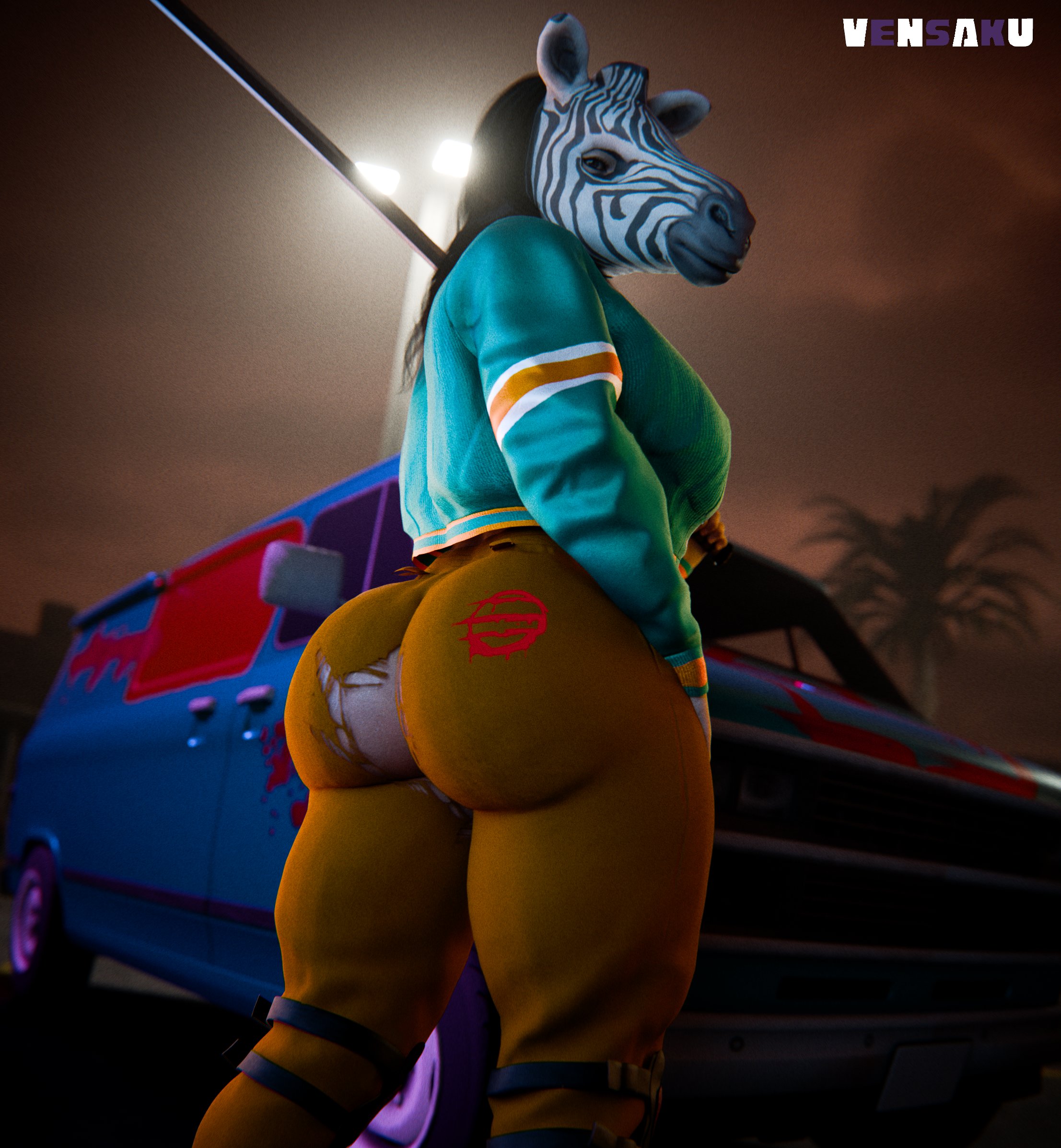 1girls, alternate version at source, alternate version available, ass, ass focus, corey (hotline miami 2), hotline miami, hotline miami 2, looking at viewer, looking back, mask, masked, masked female, no panties, ripped clothing, ripped pants, tagme, vensaku, wardrobe malfunction, zebra