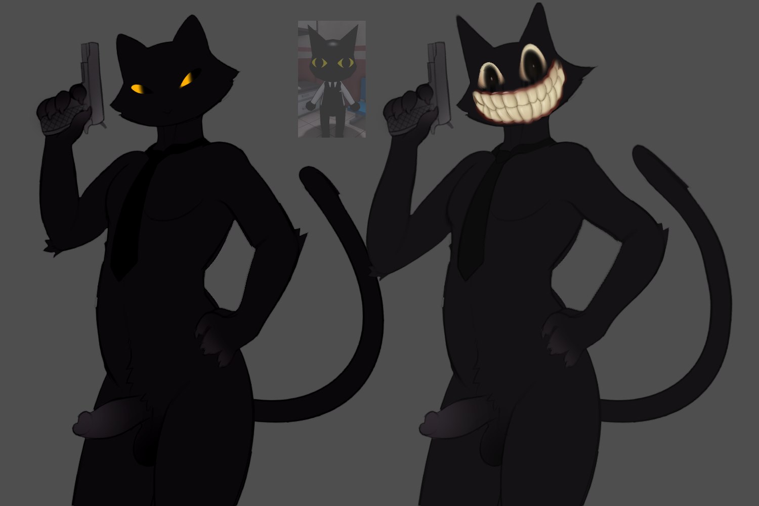 1boy, animal hospital, anomaly, black body, black fur, cat, dick, femboy, furry, gay, homosexual, homosexual male, male, male focus, male only, male penetrating, male/male, nikeshka, penis, pistol, pistol in hand, reference image, roblox, roblox game, secret agent (animal hospital), self upload, skinny, solo, tie