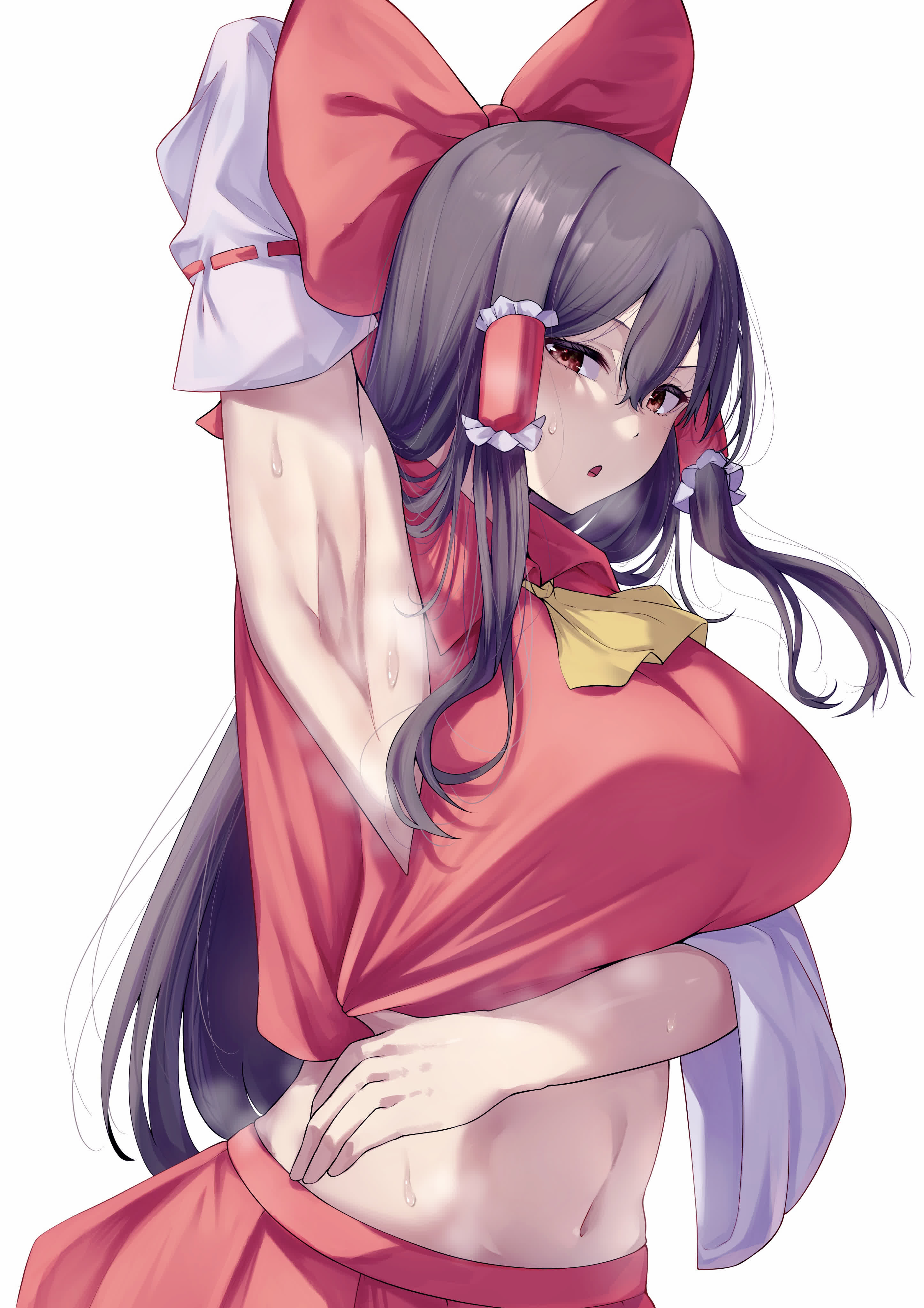 1girls, armpit fetish, armpits, breasts, brown eyes, brown hair, exposed arms, female, female focus, female only, hair tubes, hakurei reimu, miko outfit, mirufui, red bow, reimu hakurei, sweat, sweatdrop, sweating, sweaty, touhou, white background