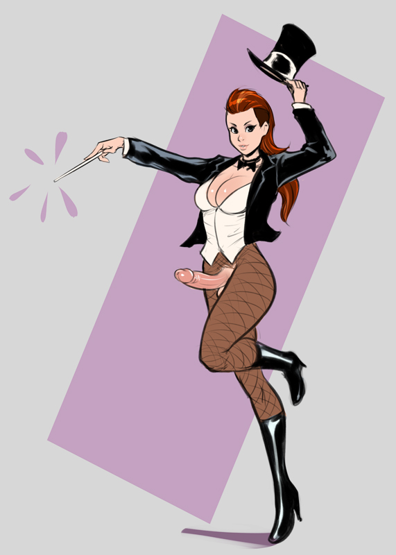 1futa, big breasts, big penis, black eyes, boots, bowtie, breasts, brown hair, dc, dc comics, dickgirl, erection, fishnet, fishnet stockings, fishnets, futa only, futanari, hair, hat, high heel boots, intersex, izra, jacket, light skin, magician, outfit, pantyhose, penis, solo, solo futa, tie, top hat, uncensored, wand, zatanna