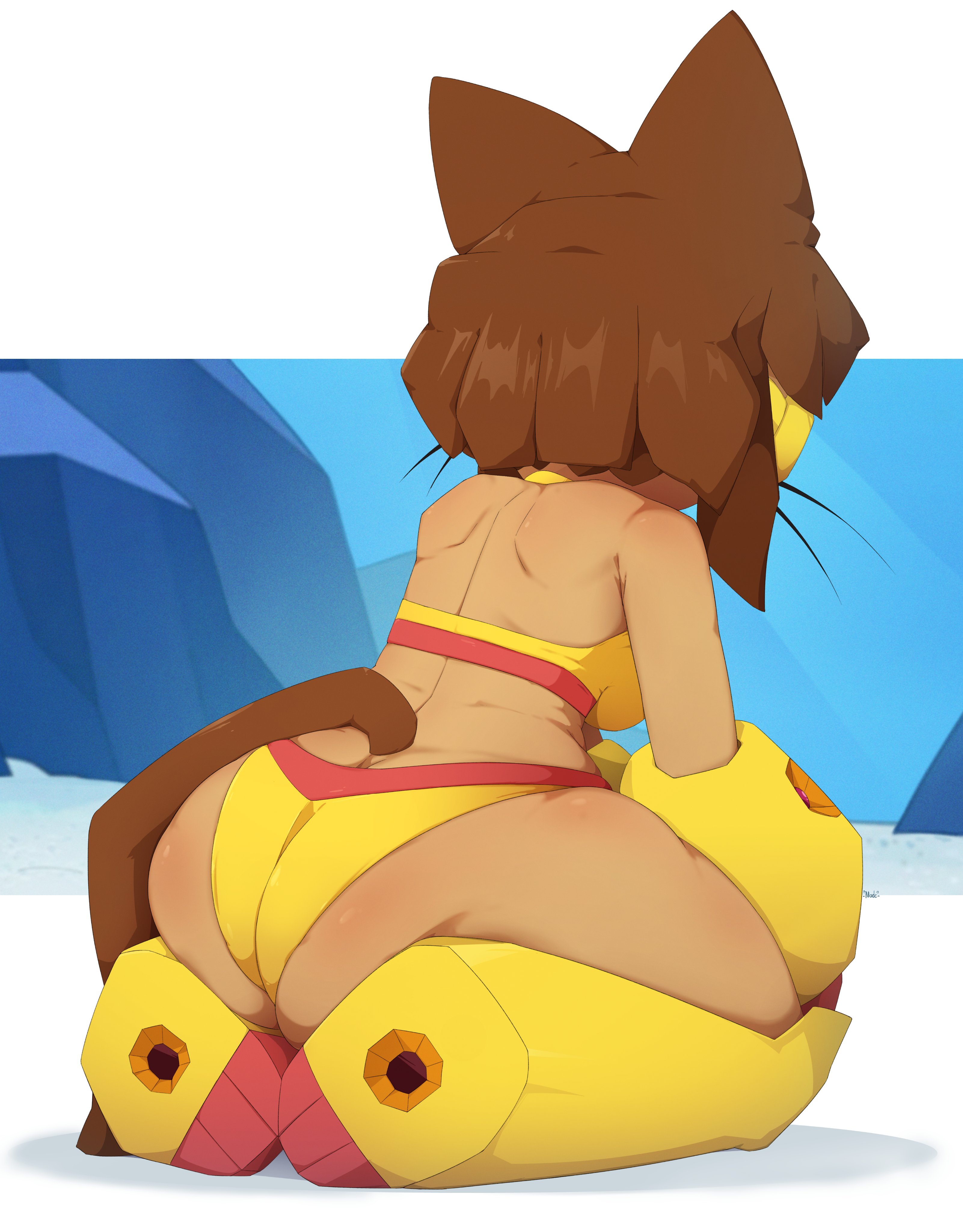 1girls, 2026, 2d, 2d (artwork), anthro, ass, ass cleavage, back view, brown body, brown fur, brown hair, cat ears, cat girl, cat tail, catgirl, color, colored, digital drawing (artwork), digital media (artwork), feline, feline humanoid, female, female only, gameoverse, glitch productions, humanoid, kit (gameoverse), kit bodega, nade arts, sitting, solo, solo female, swimsuit, swimwear, tail, whiskers