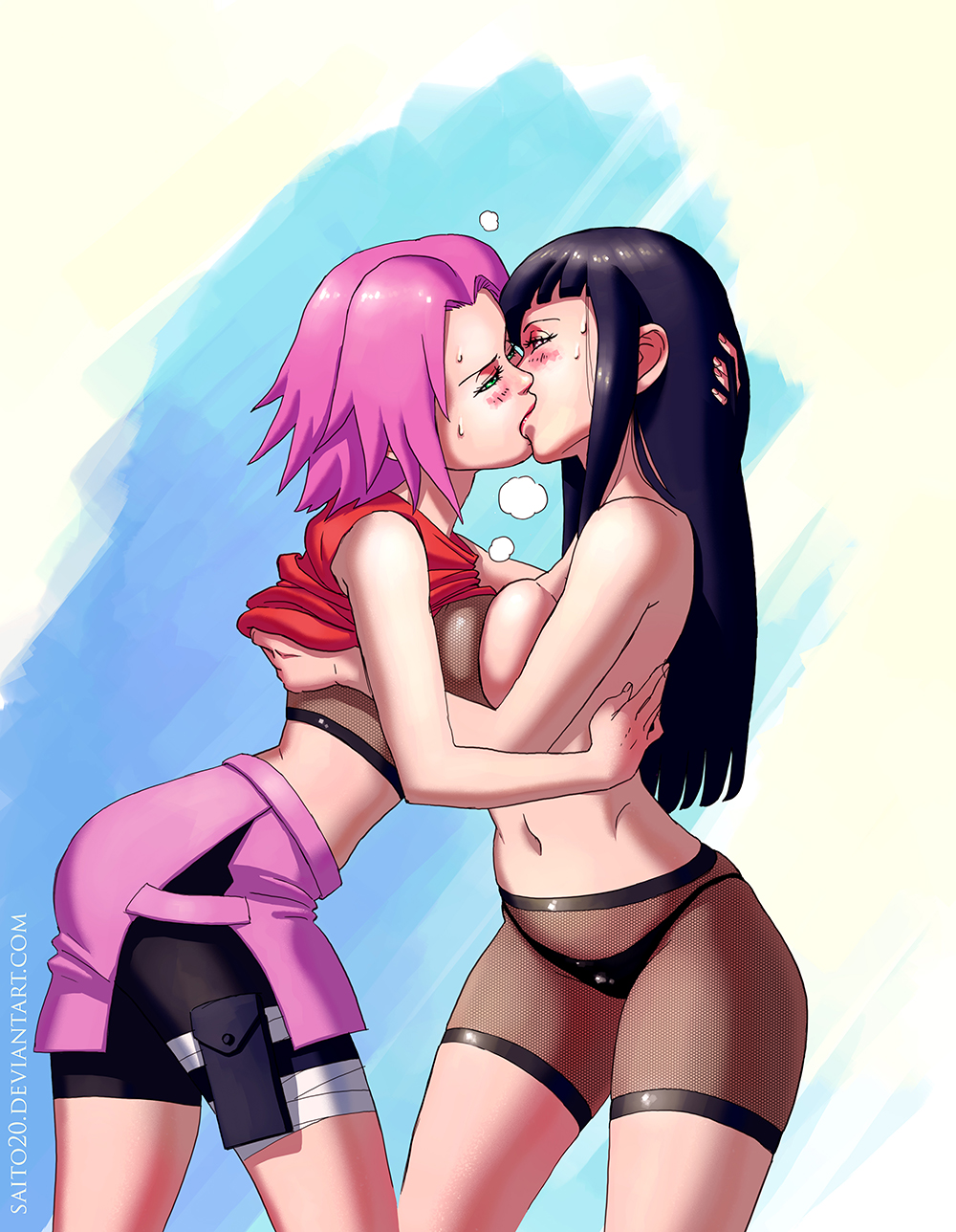 2girls, black panties, female, female only, human, hyuuga hinata, kissing, multiple females, multiple girls, naruto, naruto (series), panties, saito200, sakura haruno, topless, yuri