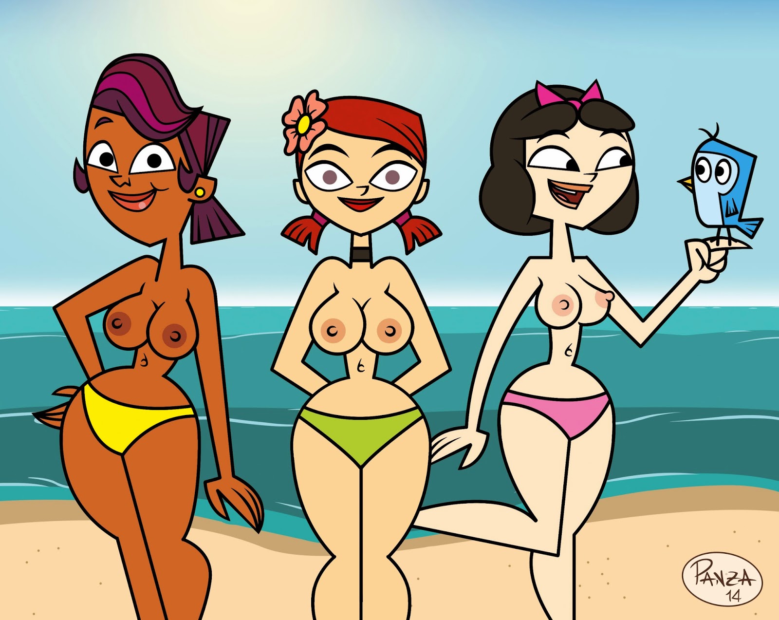 3girls, accurate art style, beach, big breasts, bikini, bird, breasts, dark hair, edit, ella (tdi), female, hair, human, ilpanza, lipstick, looking at viewer, multiple females, multiple girls, nipples, no bra, panties, sierra (tdi), smile, smiling, takzgr1, topless, total drama island, total drama: pahkitew island, total drama: revenge of the island, water, wide hips, zoey (tdi)