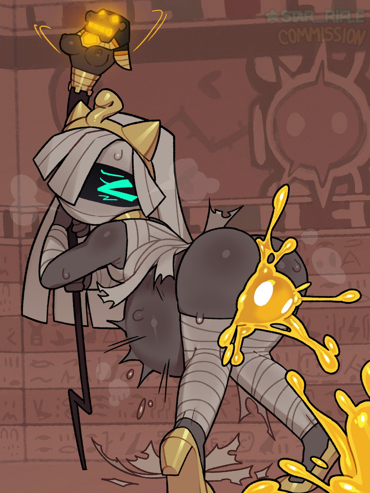 1girls, aisha (bigjinfinity), anal birth, belly bulge, bending over, birth, blue eyes, closed eyes, clothes ripped, headress, holding staff, mummy, mummy bandages, mummy girl, mummy wrappings, pregnant, pregnant belly, pregnant female, staff, star rifle, sweat, vaginal birth