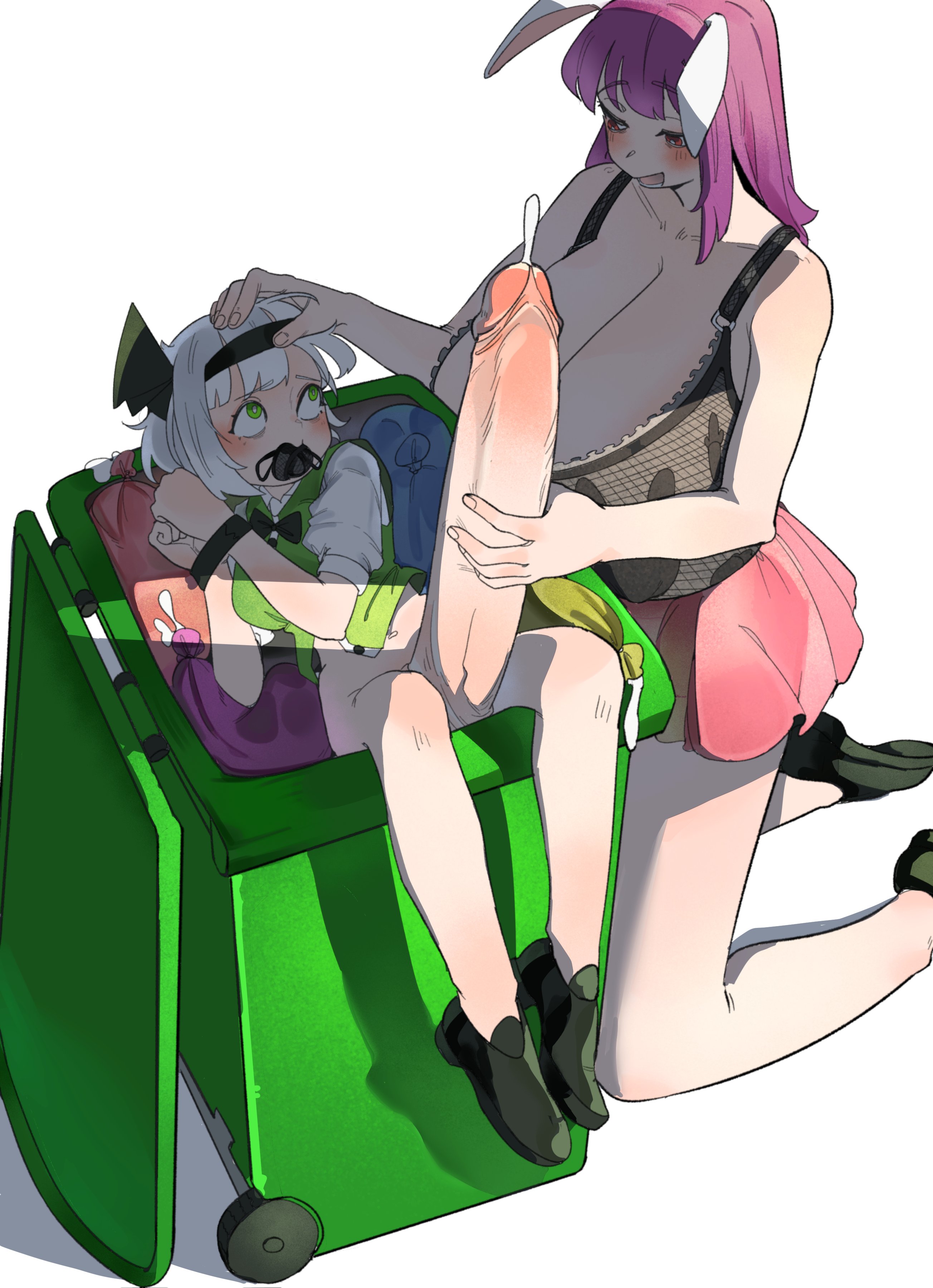 futa on female, futanari, gagged, huge cock, kaien0202, reisen udongein inaba, tagme, tied up, touhou, trash can, youmu konpaku