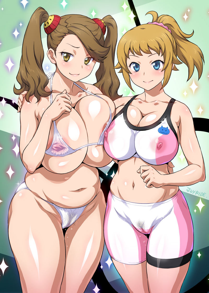 blue_eyes breasts brown_eyes brown_hair cameltoe curvy erect_nipples_under_clothes female gundam gundam_build_fighters gundam_build_fighters_try hoshino_fumina huge_breasts joy_ride micro_bikini navel pubic_hair sazaki_kaoruko see-through sportswear take_your_pick thick_thighs voluptuous