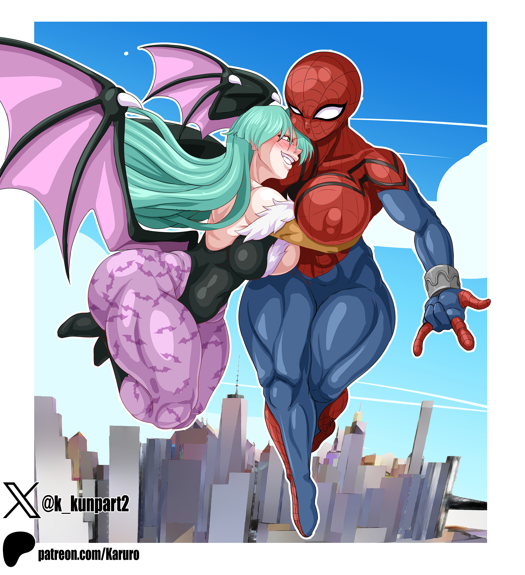 2girls, ass, big ass, big breasts, breasts, crossover, darkstalkers, eastern and western character, female, female only, green eyes, green hair, head wings, huge breasts, karuro-kun, large ass, large breasts, long hair, marvel, mayday parker, morrigan aensland, multiple girls, spider-girl, spider-man (series), wings, yuri
