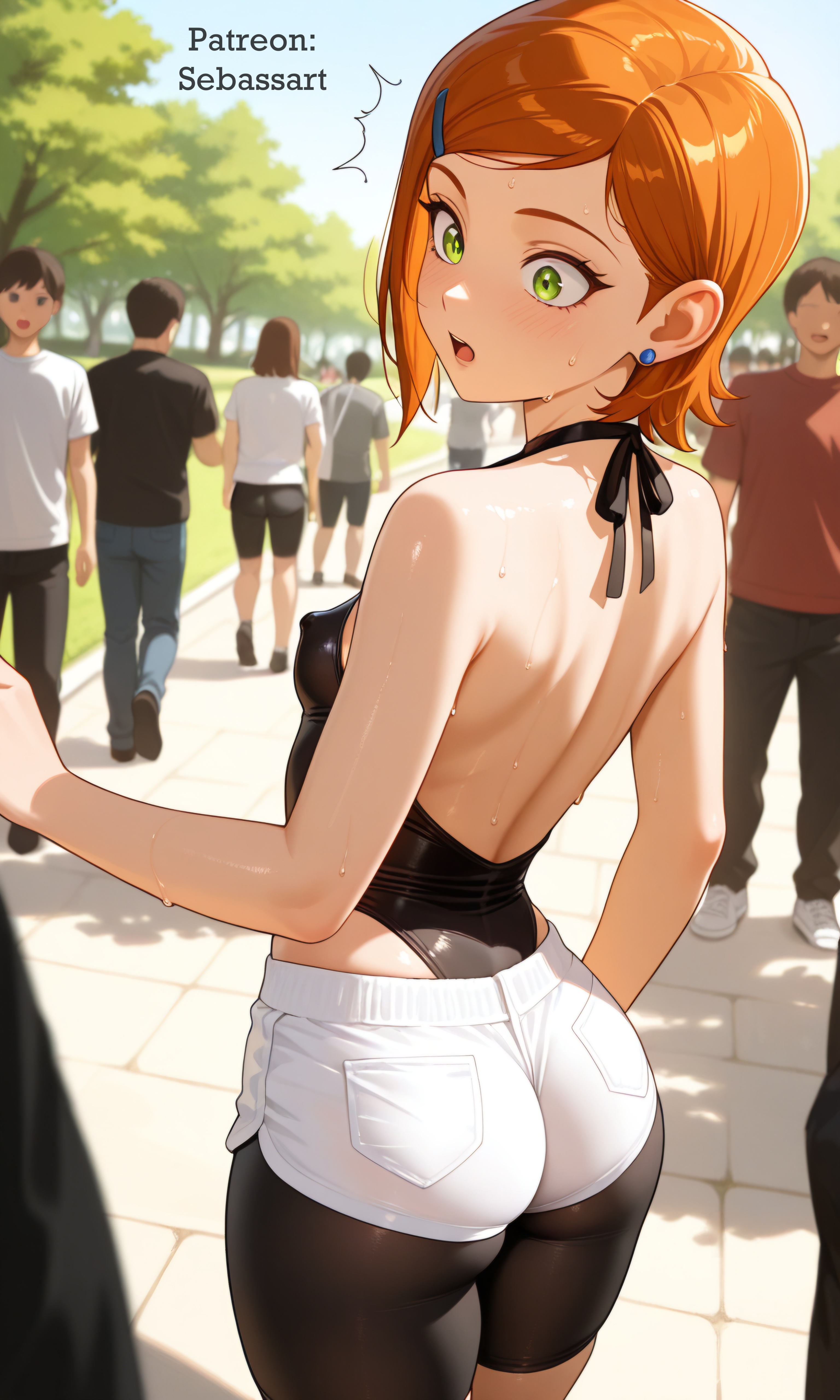 aged up, ai generated, ben 10, bodysuit, green eyes, gwen tennyson, leotard, looking at viewer, mature female, paid reward available, patreon, petite, petite body, petite female, sebassart, sexy, short hair, shorts, solo, spandex, sweat, thick thighs, tight clothing, tight fit