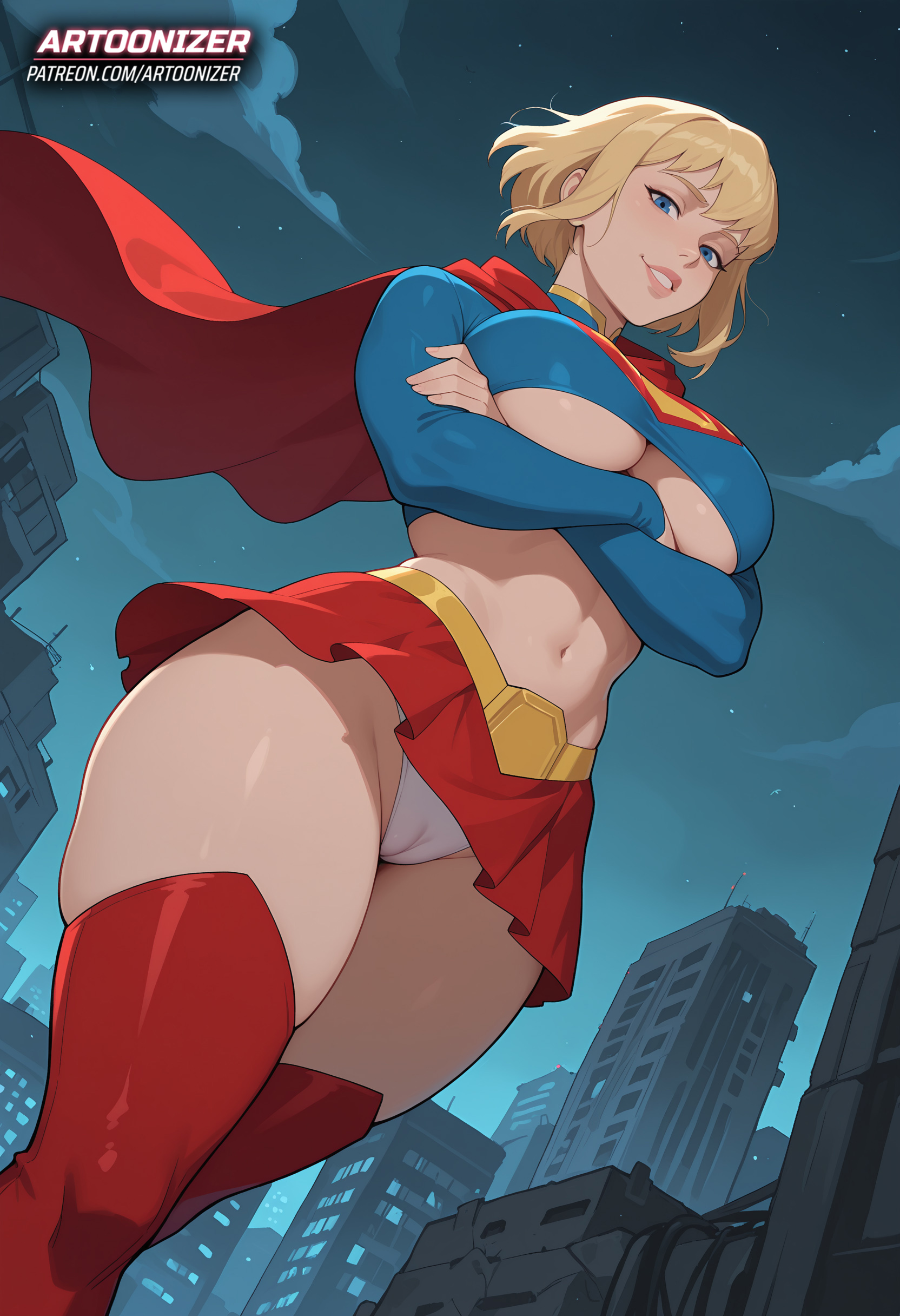 1girls, ai generated, artoonizer, ass, big ass, big breasts, blonde female, blonde hair, blue eyes, boots, breasts, cameltoe, cape, crossed arms, dc, dc comics, female, kara zor-el, legs together, legwear, light skin, light-skinned female, long sleeves, looking at viewer, miniskirt, my adventures with superman, narrow waist, navel, outdoors, panties, parted lips, patreon, patreon username, posing, pussy, short hair, skirt, smile, solo, solo female, solo focus, standing, stomach, supergirl, superhero costume, superheroine, superman (series), thick hips, thick thighs, thighigh boots, topwear, underboob, underwear, viewed from below, white panties, wide hips