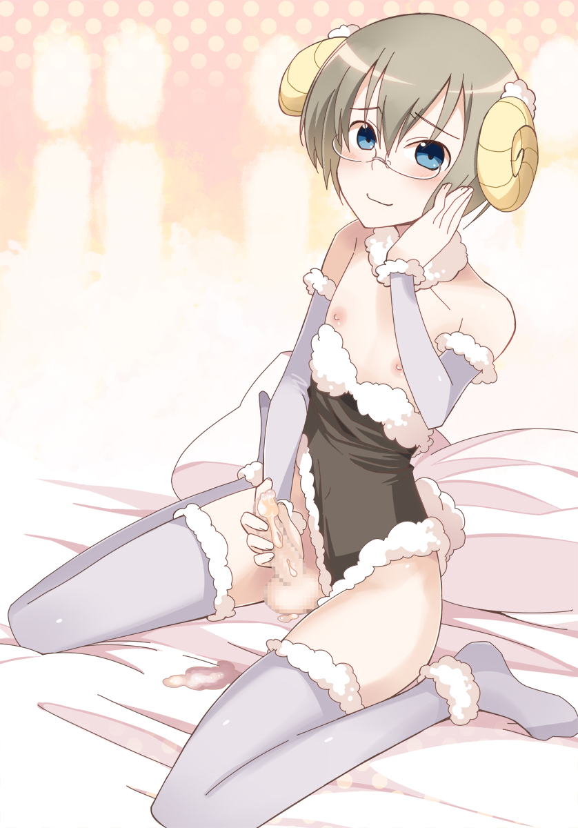 1boy :3 androgynous animal_costume bed_sheet blush censored crossdressing cum detached_sleeves erection glasses hand_on_own_cheek highres horns kinta_(pixiv13253890) leotard leotard_aside looking_at_viewer male male_only masturbation mosaic_censoring nipples penis pillow sheep_costume sheep_horns sitting smile solo tagme testicles thighhighs trap wariza